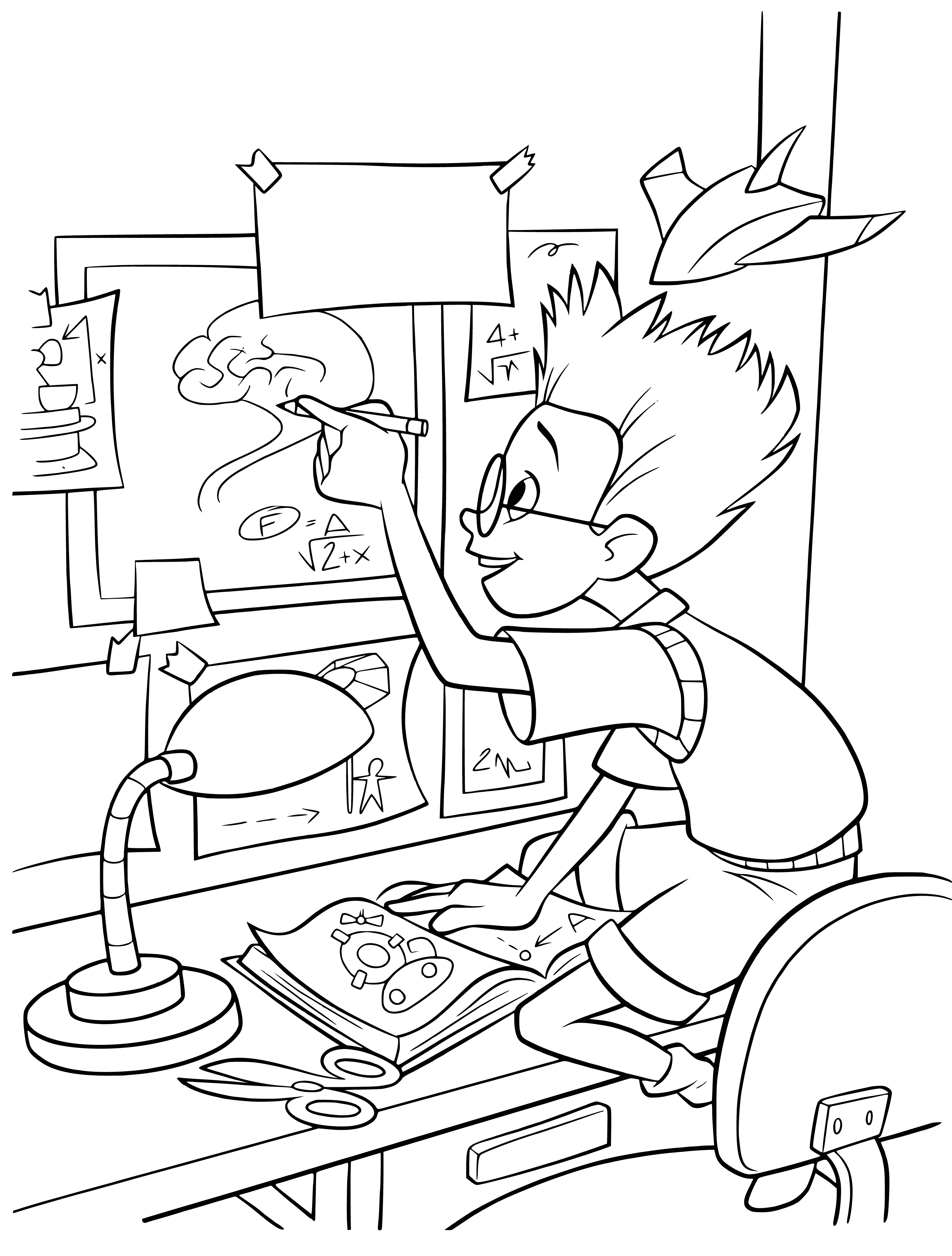 coloring page: Man w/ dark hair, brown coat & blue shirt holds tool, looks like he's inventing something.
