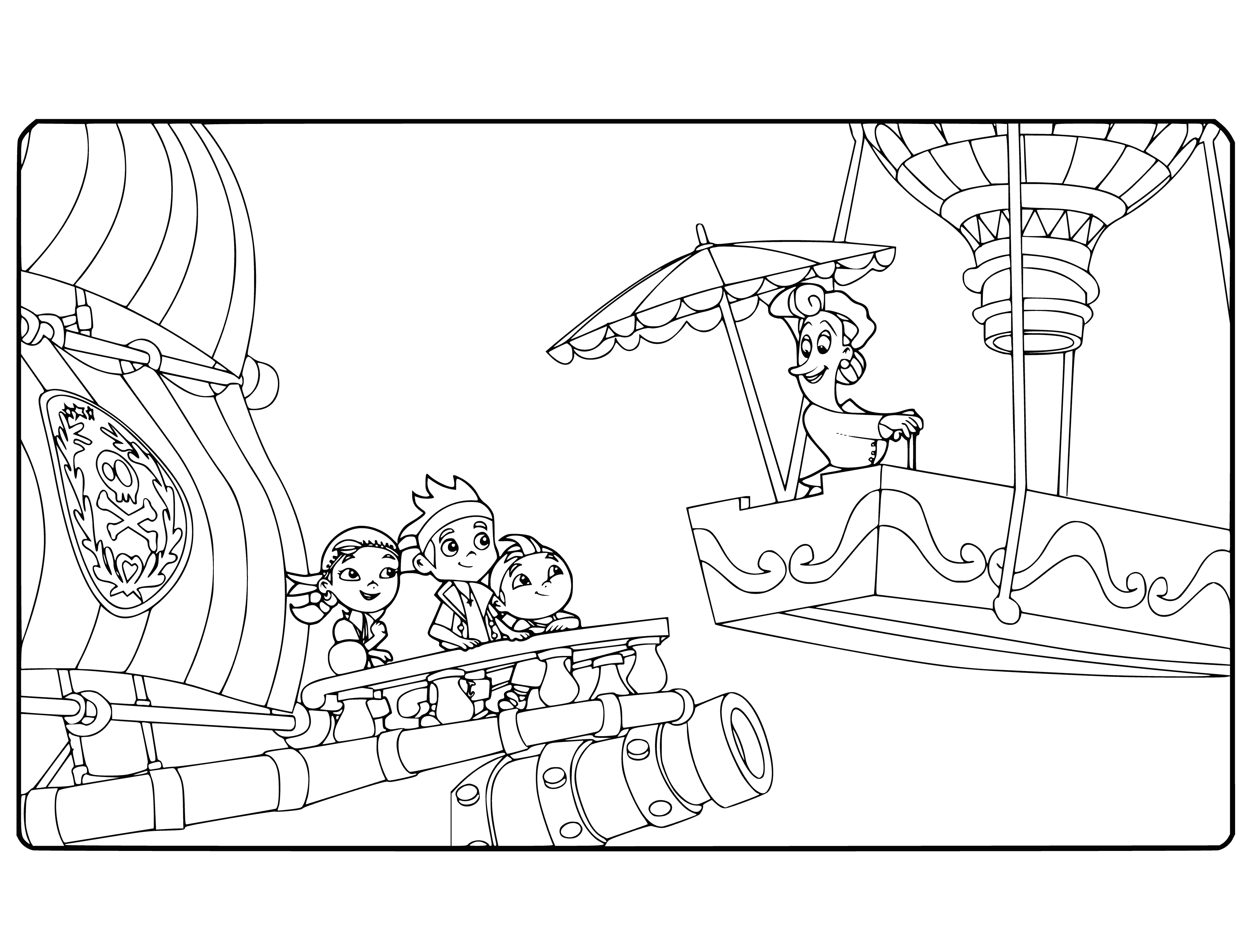 coloring page: Jake and his pals Izzy and Cubby search Never Land for treasure while outsmarting Captain Hook and his crew! #JakeAndTheNeverlandPirates