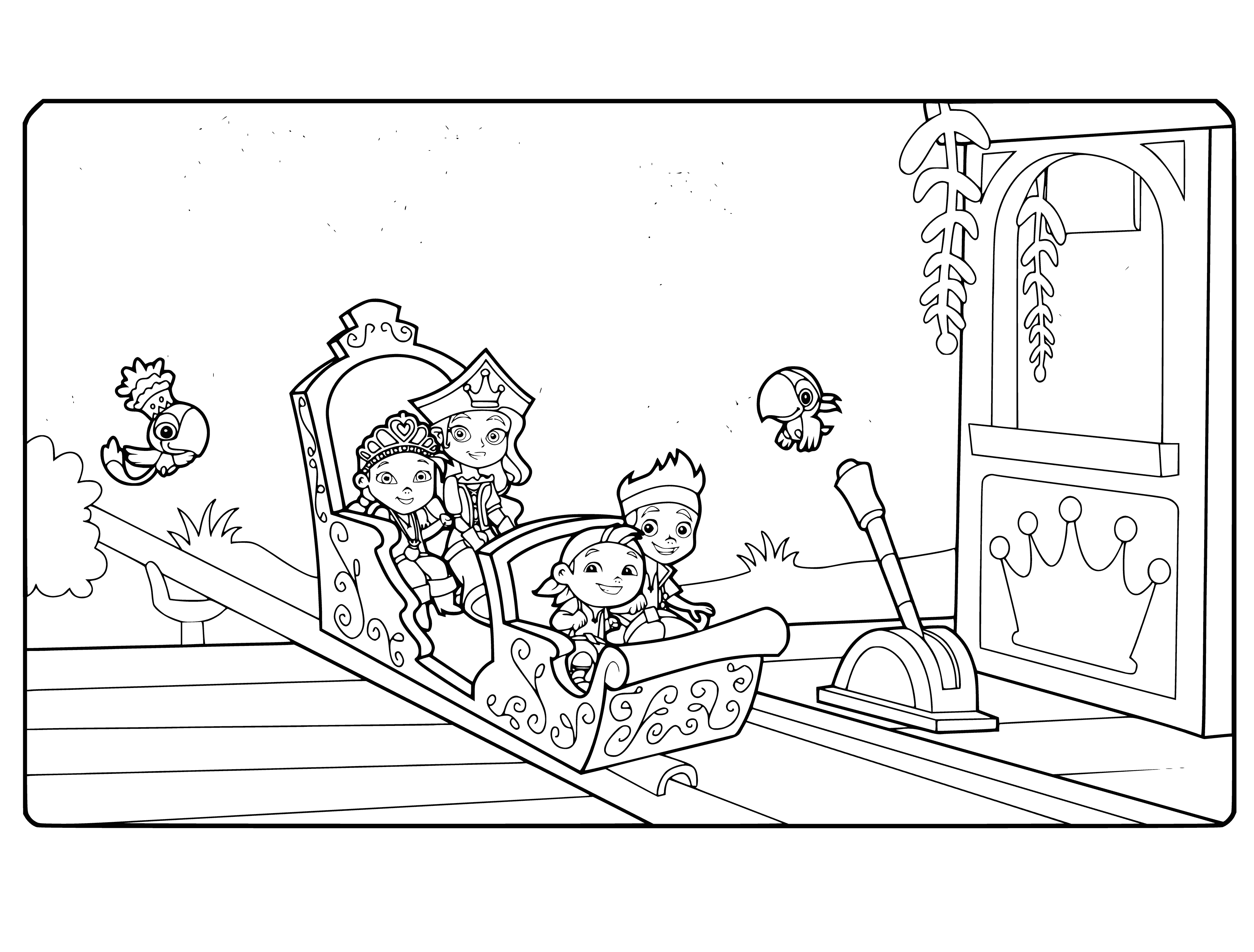 coloring page: Two reindeer and two waving characters, Jake and the Pirate Princess, stand beside a large empty sleigh in the center. #ChristmasInJuly