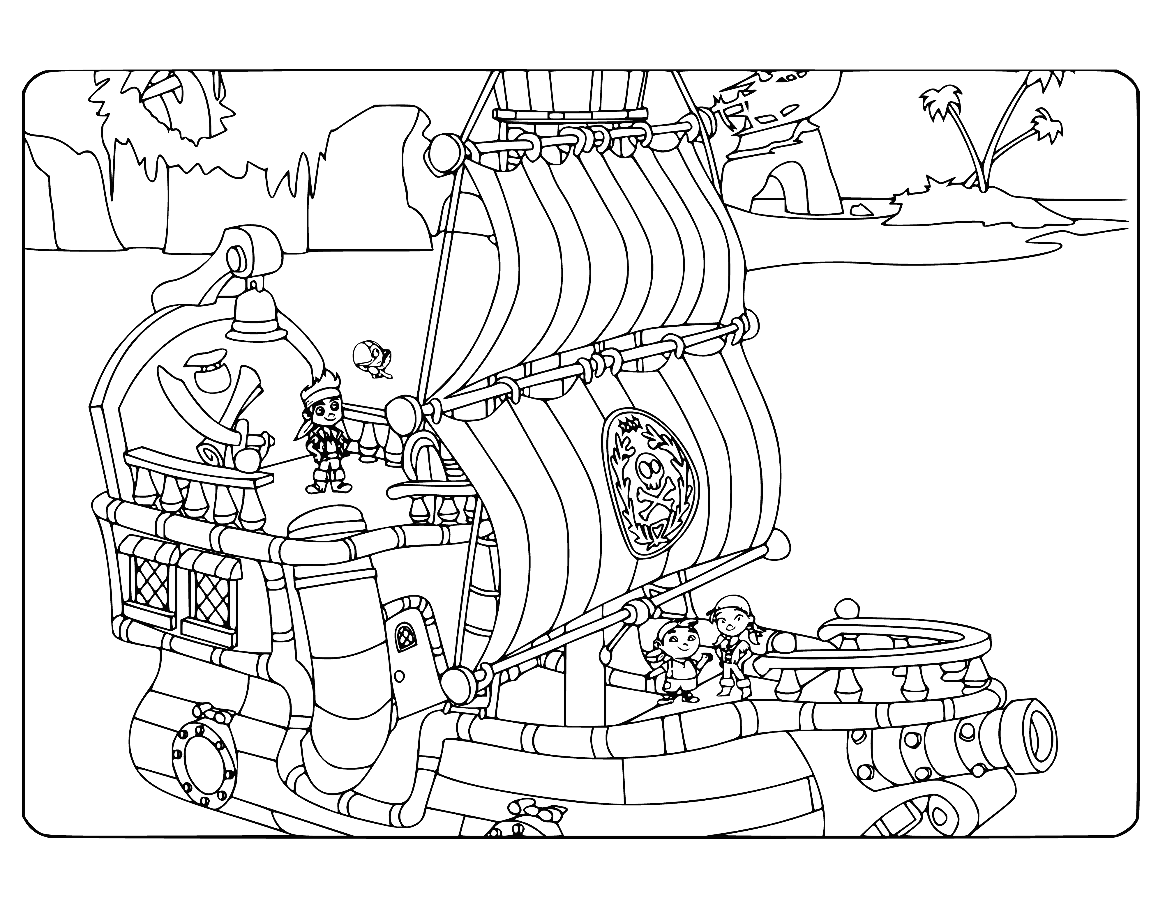 coloring page: Large pirate ship w/ 3 sails, crow's nest, slide, & pirate flag. #pirates