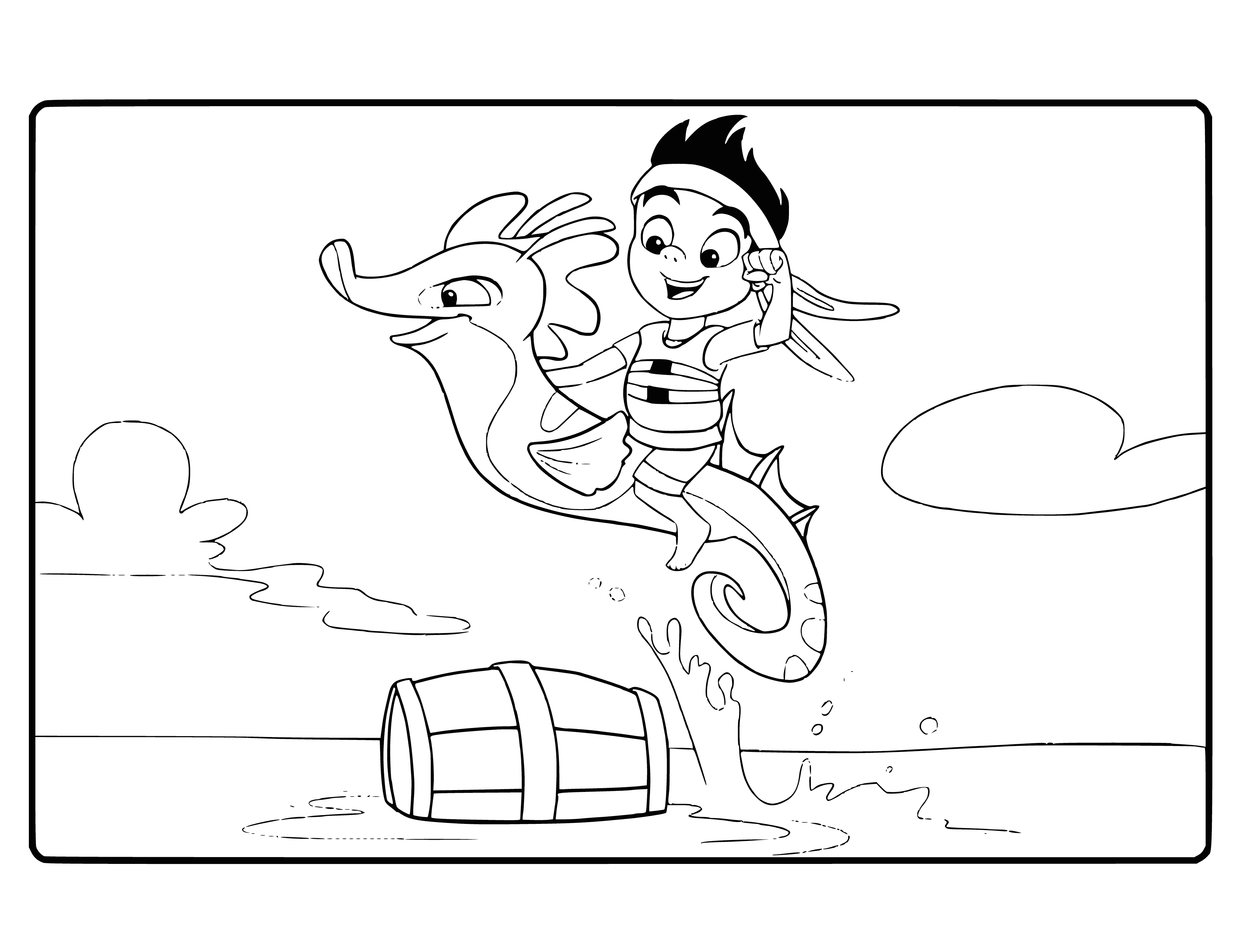 coloring page: Jake rides a seahorse on a Never Land Pirate ship. He wears a blue and white striped shirt, red bandana and holds a fishing rod. Near him are 3 purple and pink fish.