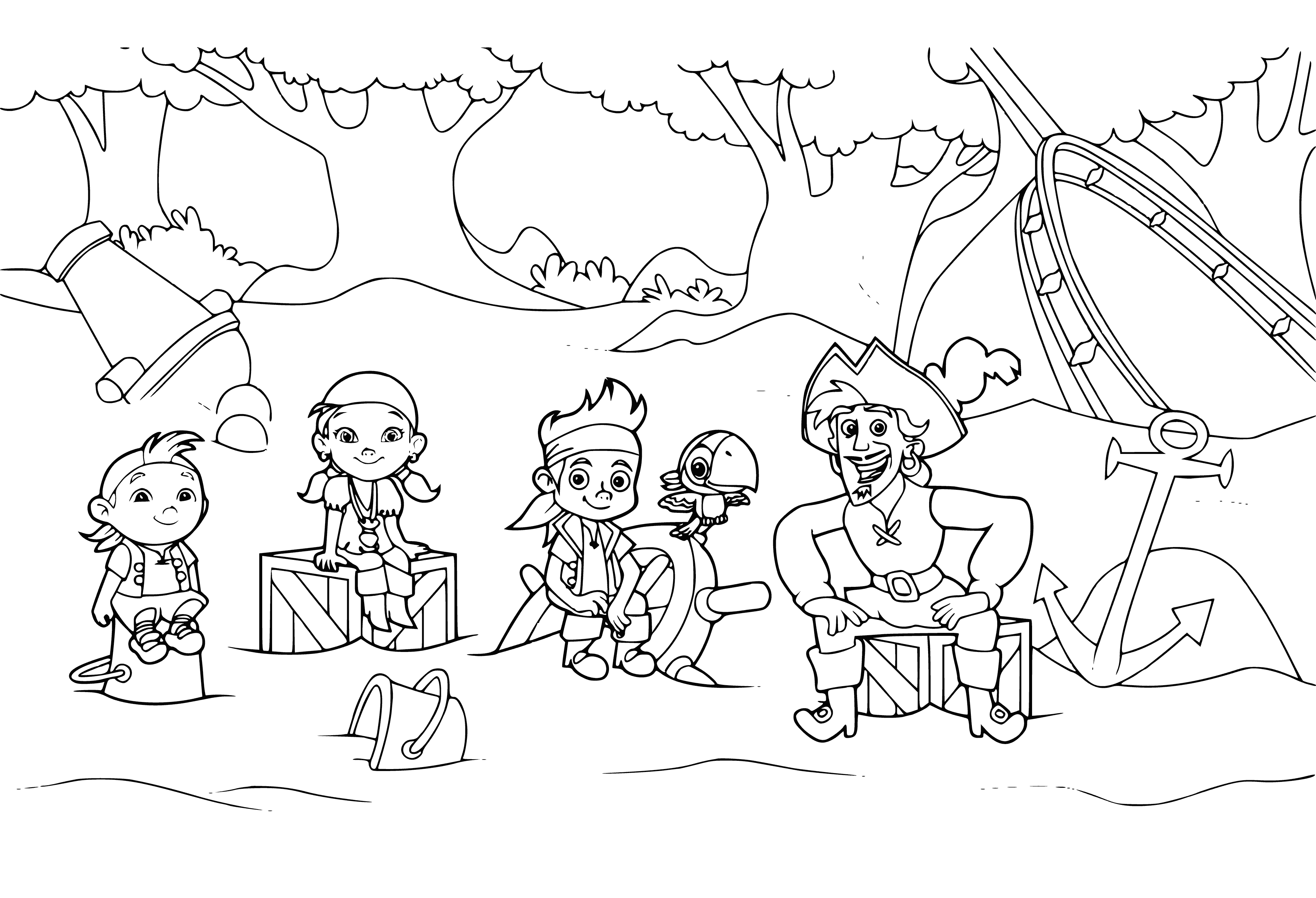 coloring page: Pirate with blue bandana, gold earring & sword holds telescope amidst pirate ship & island in the distance.