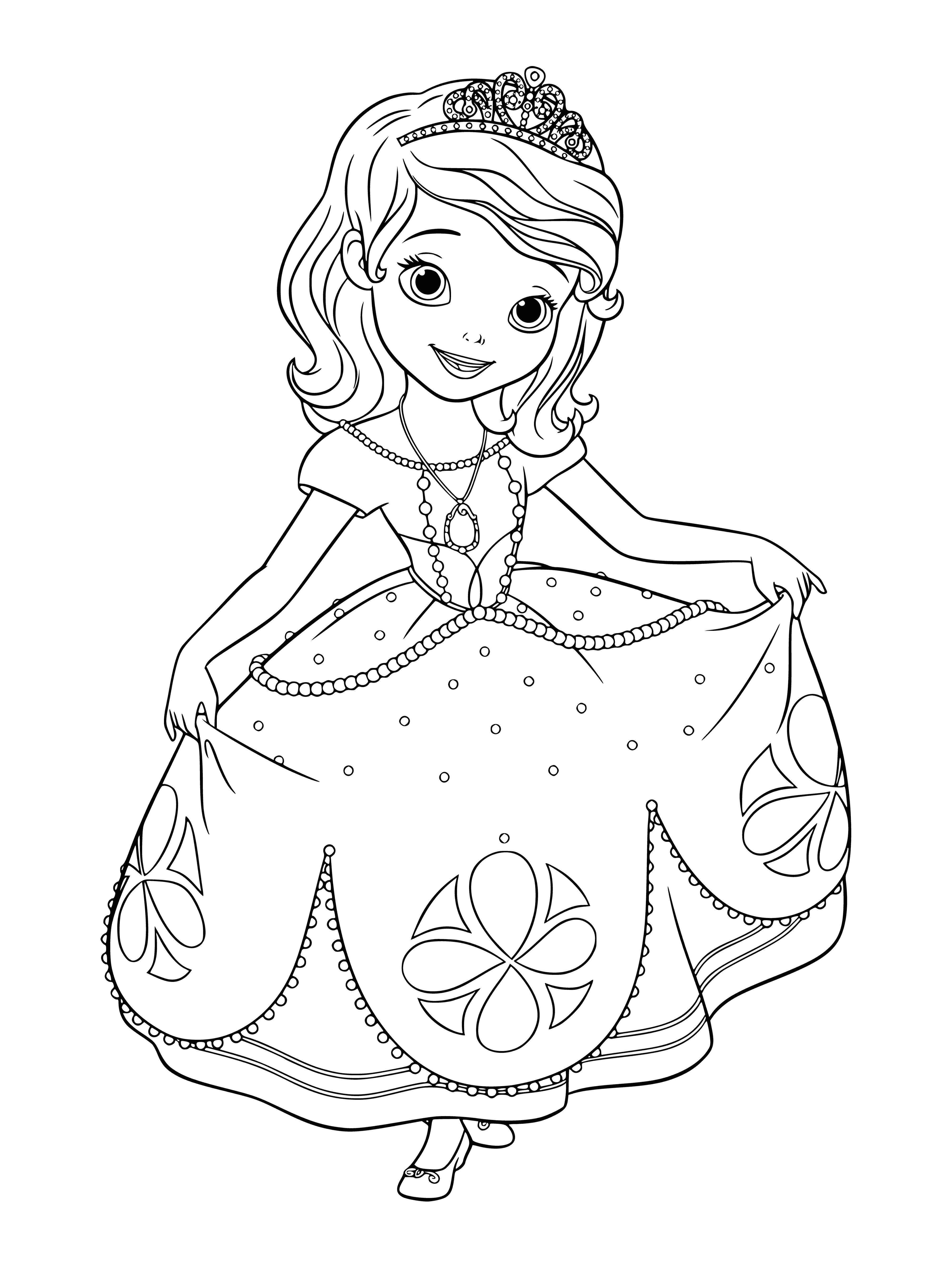coloring page: Sofia sends a kiss wearing pink dress w/ gold tiara & blowing blonde hair in the wind.