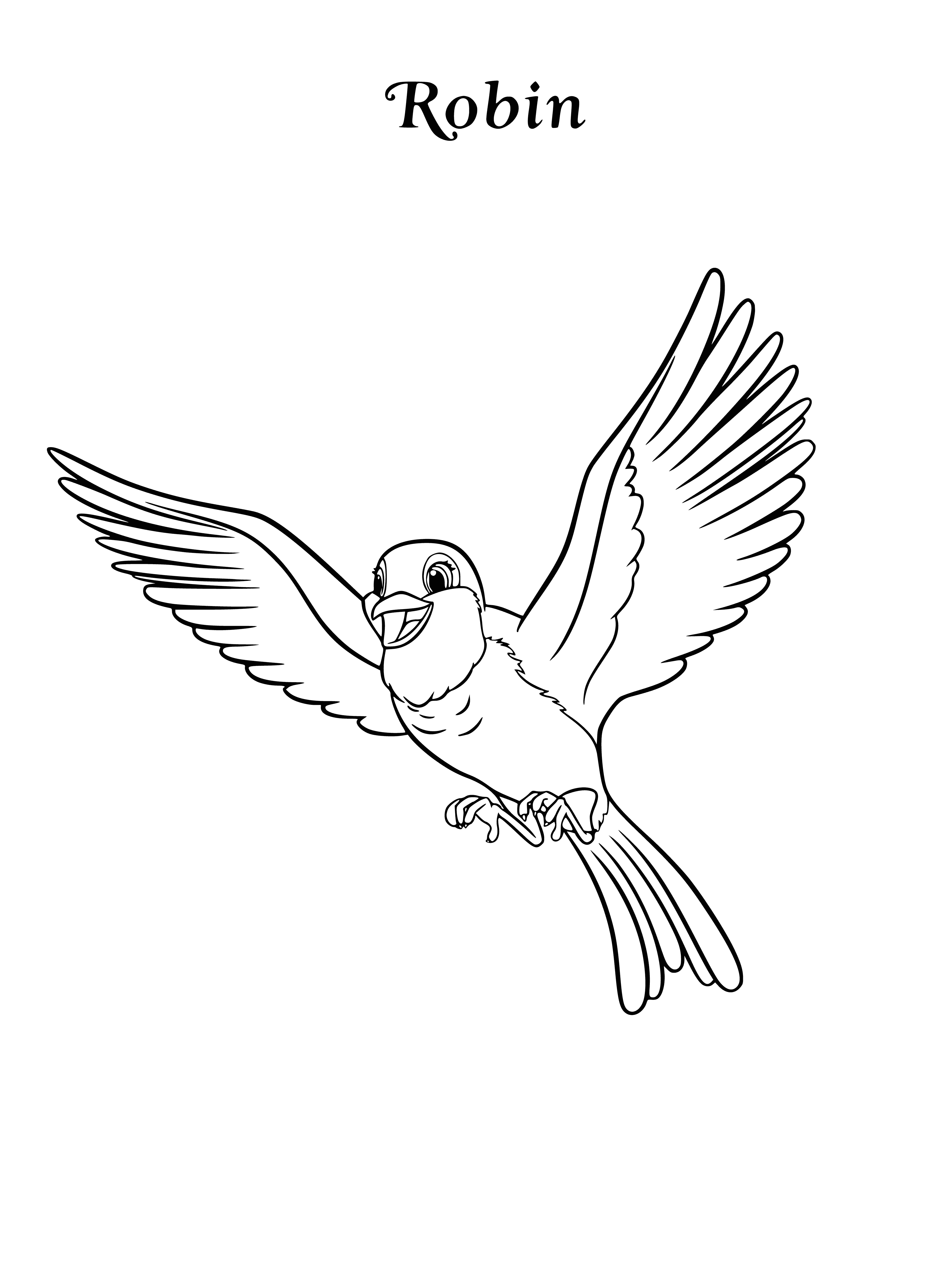 coloring page: A small yellow bird with a red belly & crest perches calmly on a green branch, pondering something off to the side.