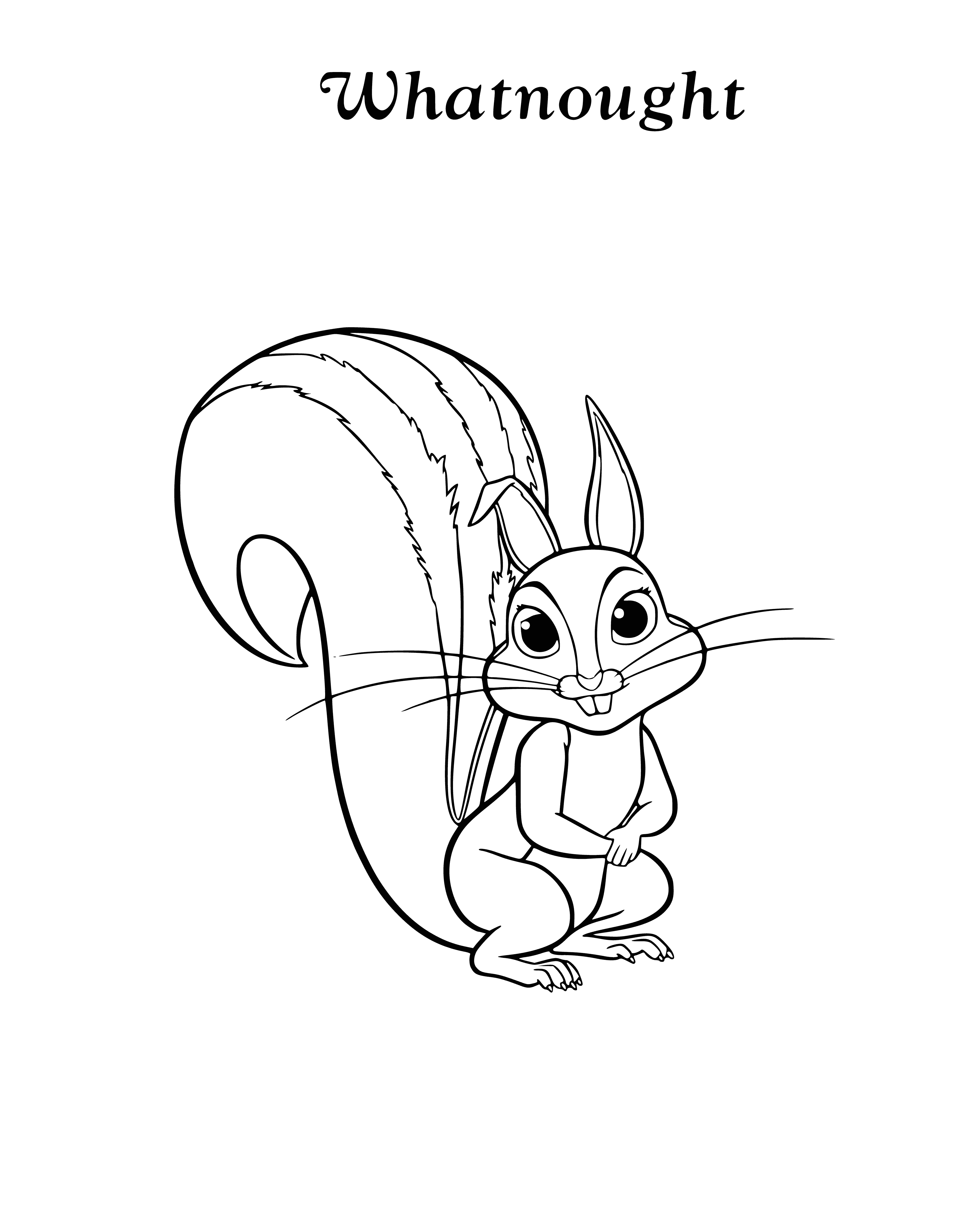 coloring page: Sofia holds a small, furry squirrel with a round, green nut in its mouth in a dark room with a glowing white door. #shortstories #adventure