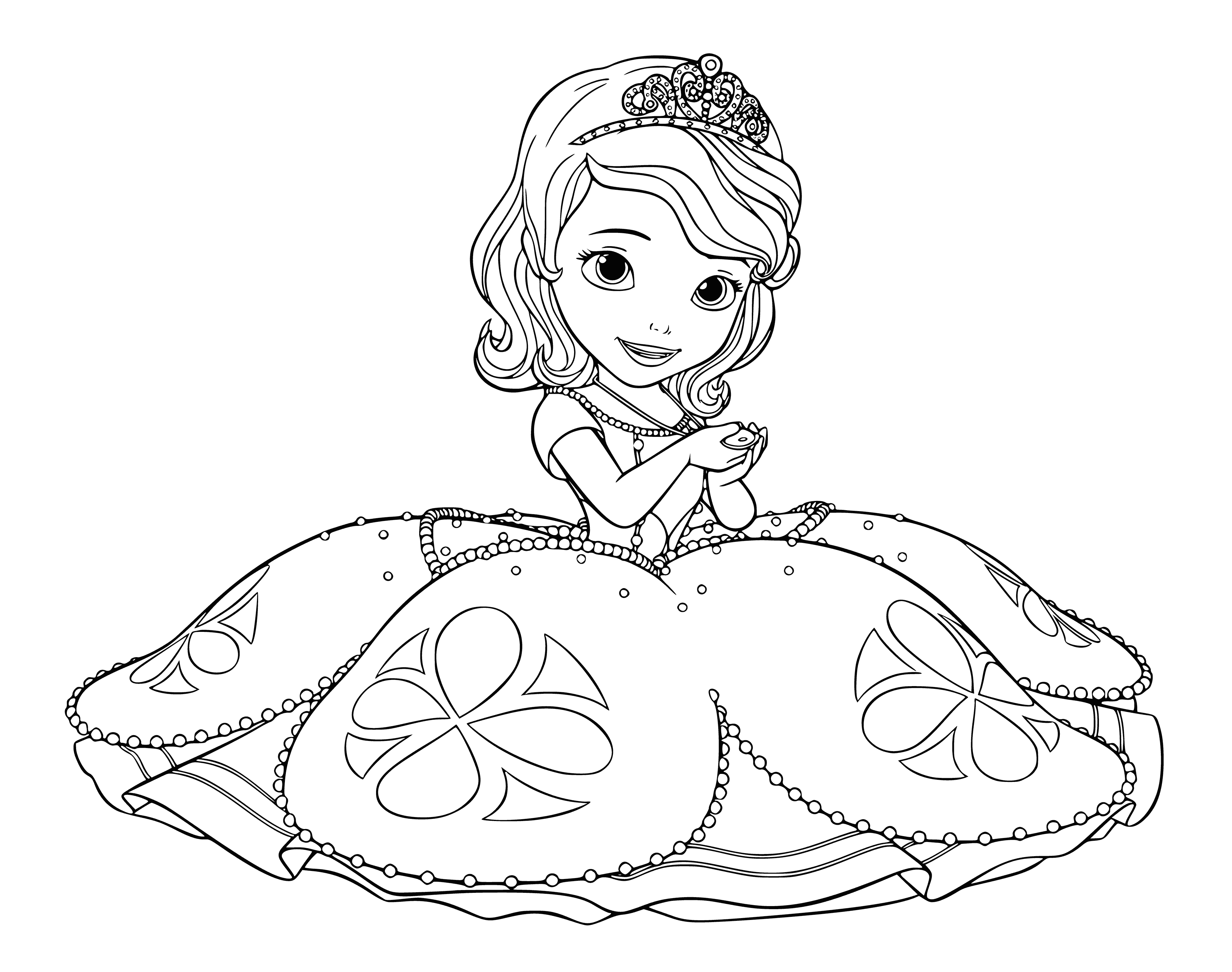coloring page: Sofia colors paged with her amulet, a thin gold chain with a pink gemstone in the center. She looks happy.