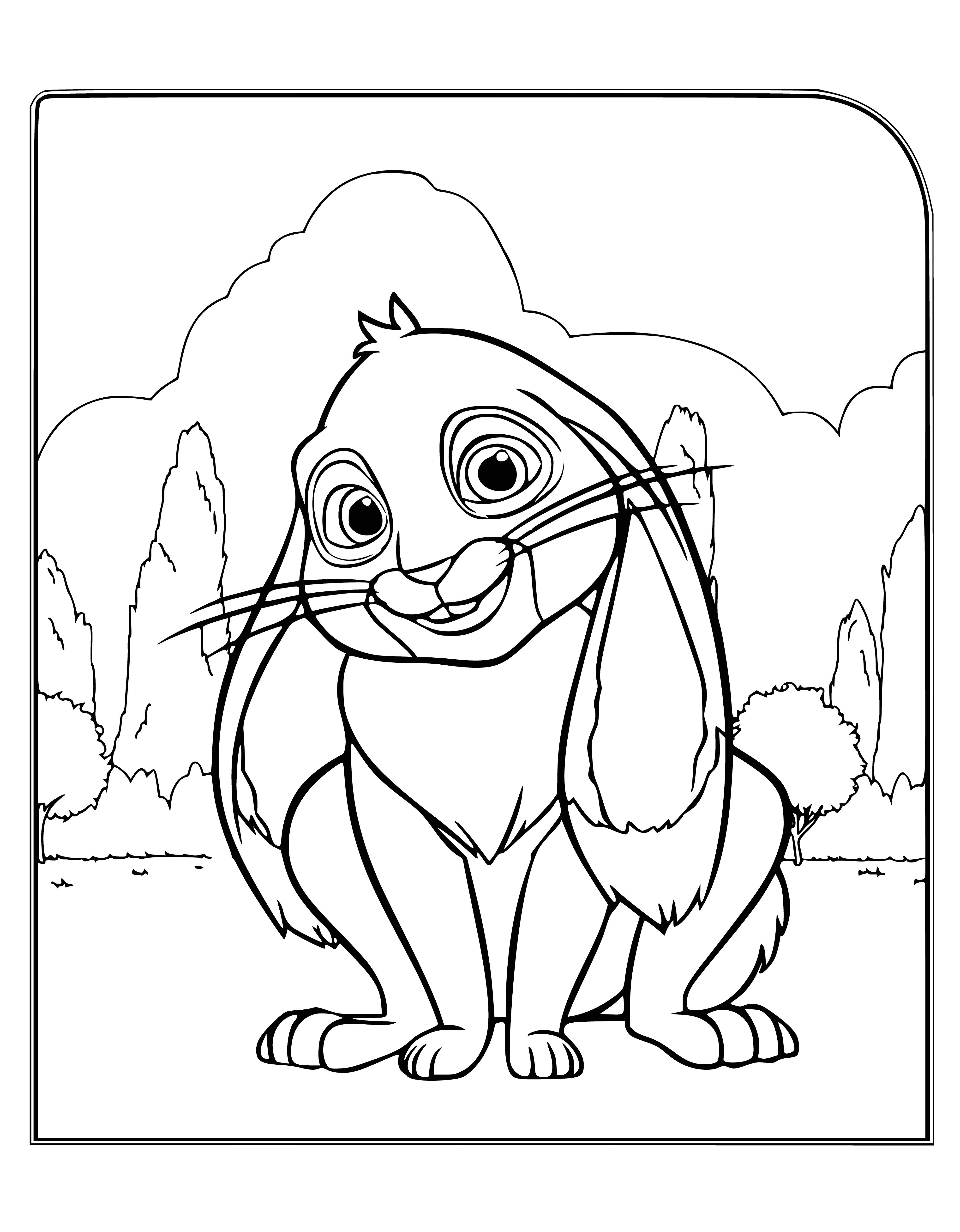 coloring page: White rabbit with blue/purple collar and bow tie stands on hind legs, cute blue eyes and long ears.