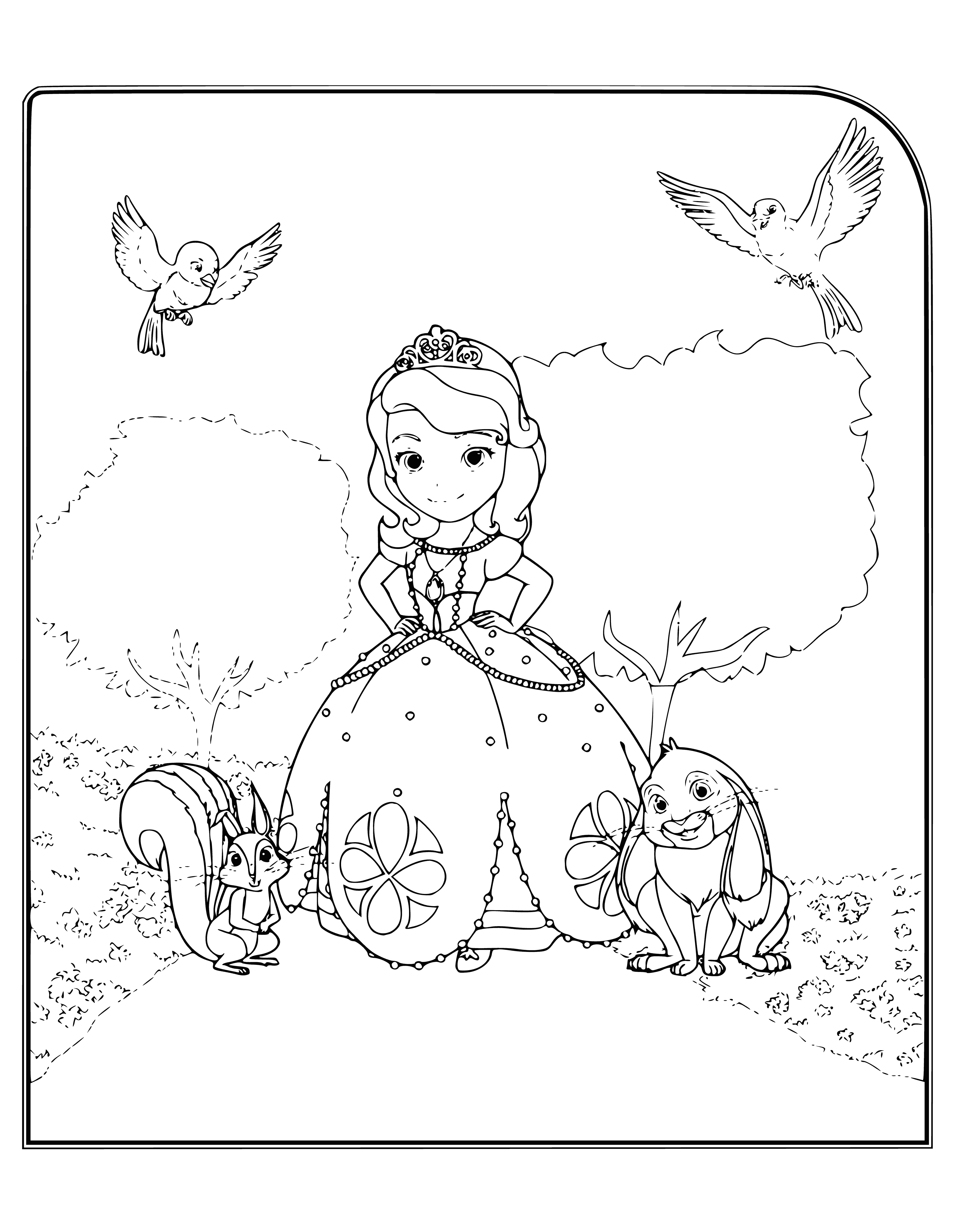 coloring page: Sofia is content with her two pets, a white rabbit and orange kitten, while wearing her purple dress and gold tiara. Her hands are clasped in front of her with a big smile.