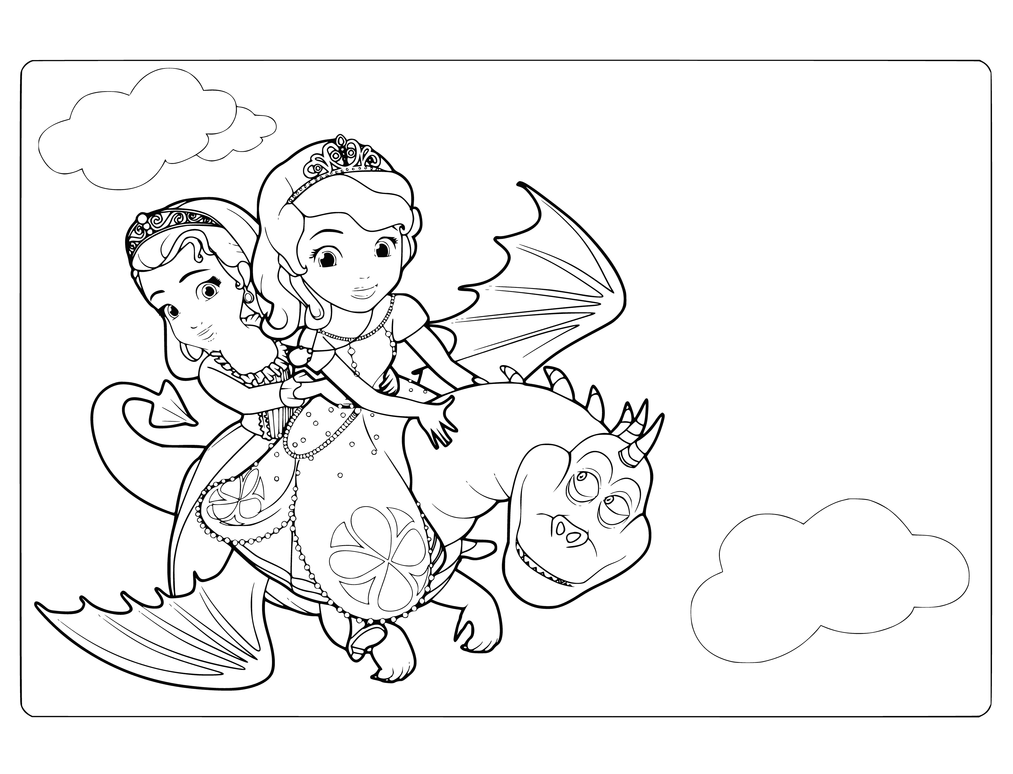coloring page: Sofia & Amber stand atop a pink dragon w/ a purple saddle, wearing pink & purple outfits, arms lifted in joy.