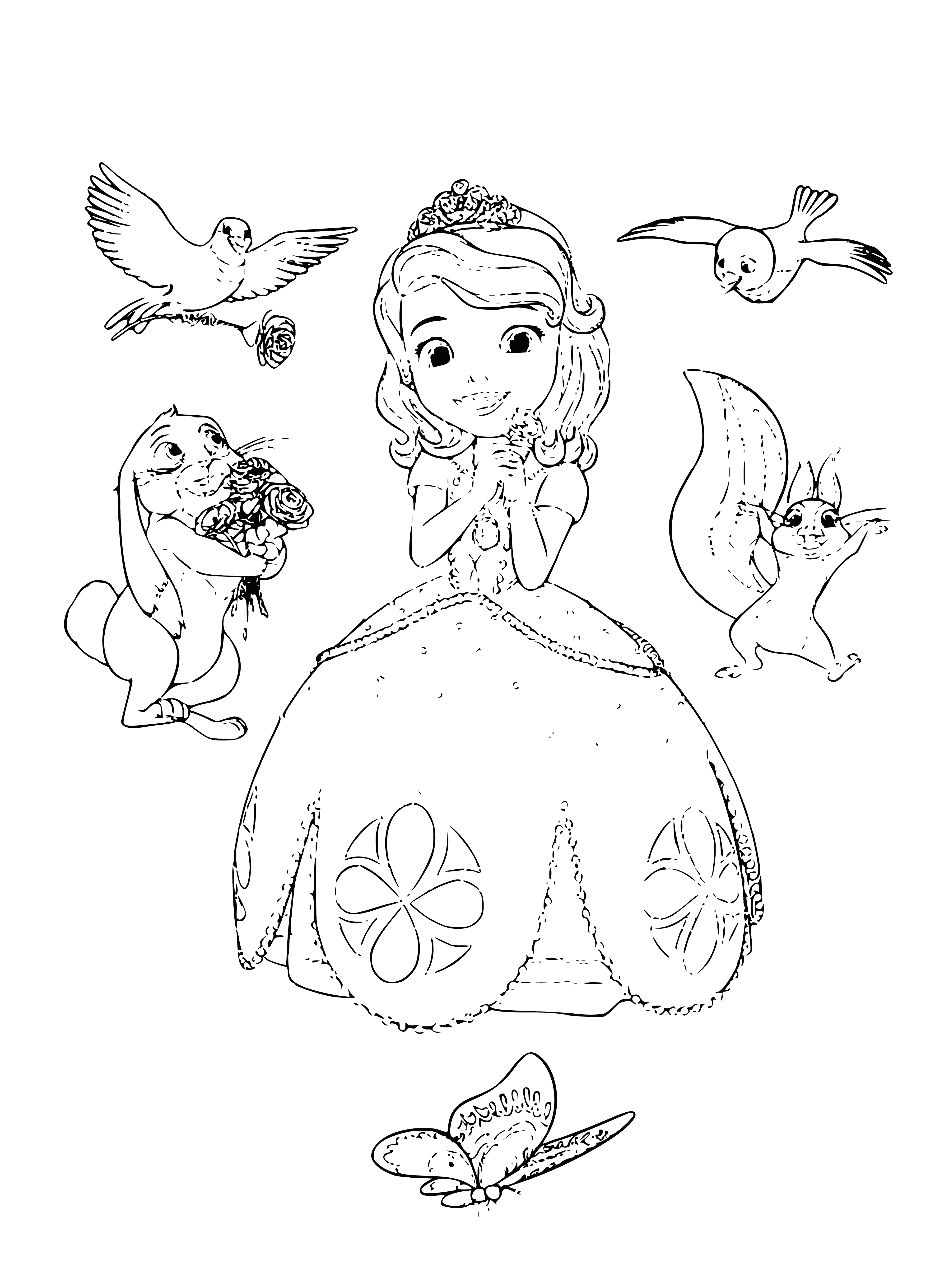 coloring page: Sofia smiles, cuddling a baby bunny in her arms, as three squirrels and a chipmunk play around her feet. A bluebird sits on her shoulder.