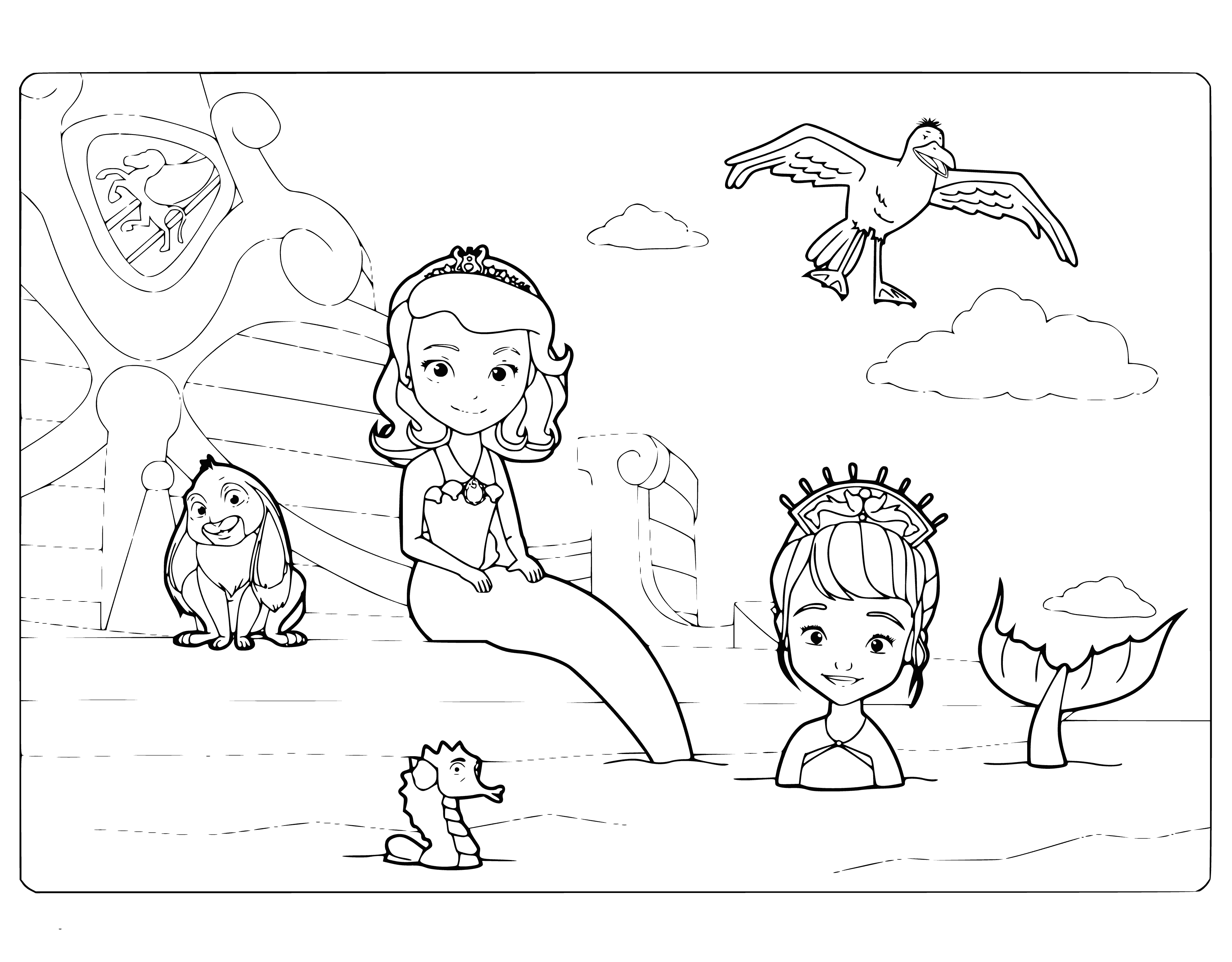 coloring page: Sofia (mermaid princess) & Una (regular mermaid) explore Sofia's underwater kingdom surrounded by green plants. Sofia has a pink crown and is holding a pink conch shell wearing purple & pink shells.