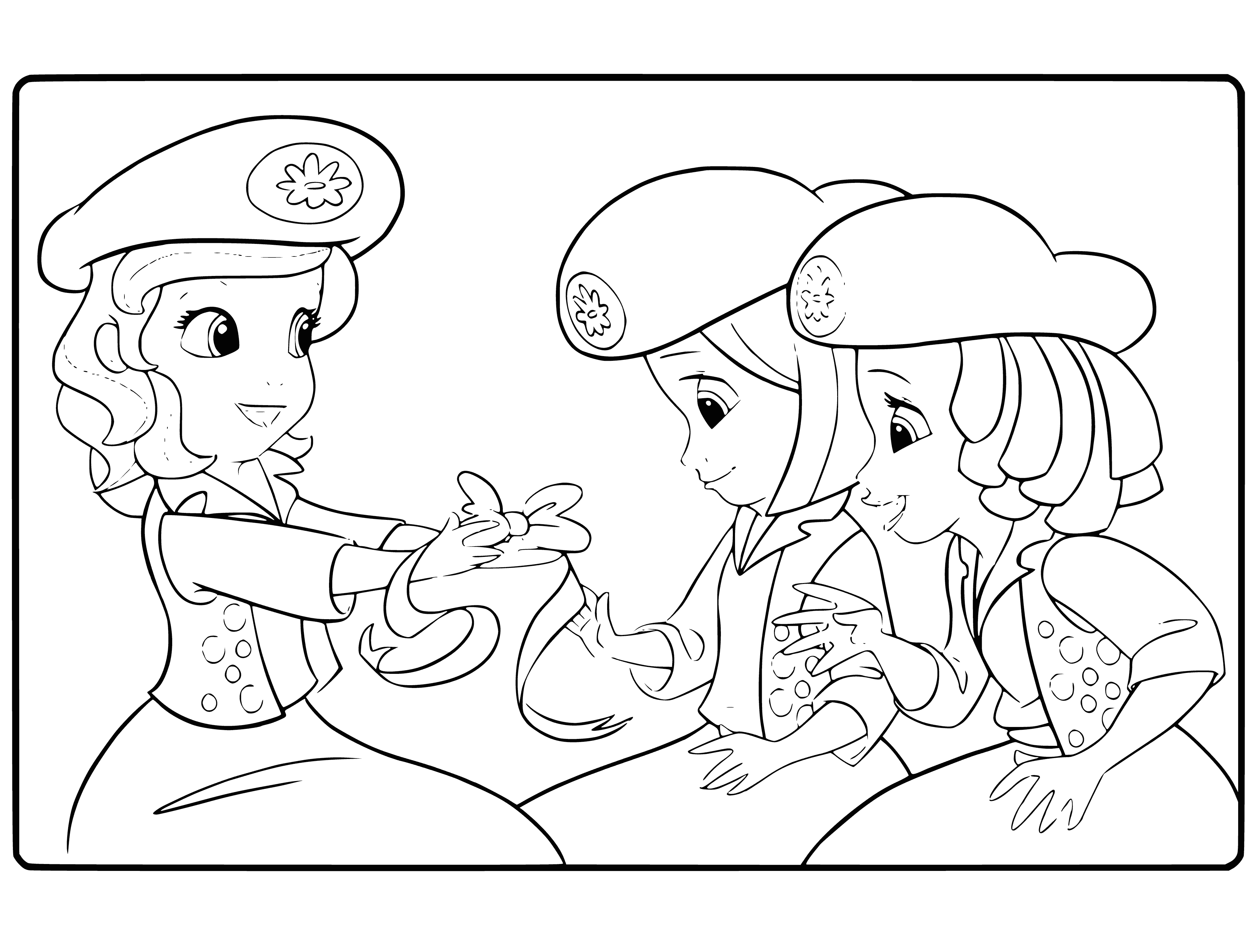 coloring page: Sofia and two friends look in awe at something off-screen while she holds a pink flower.