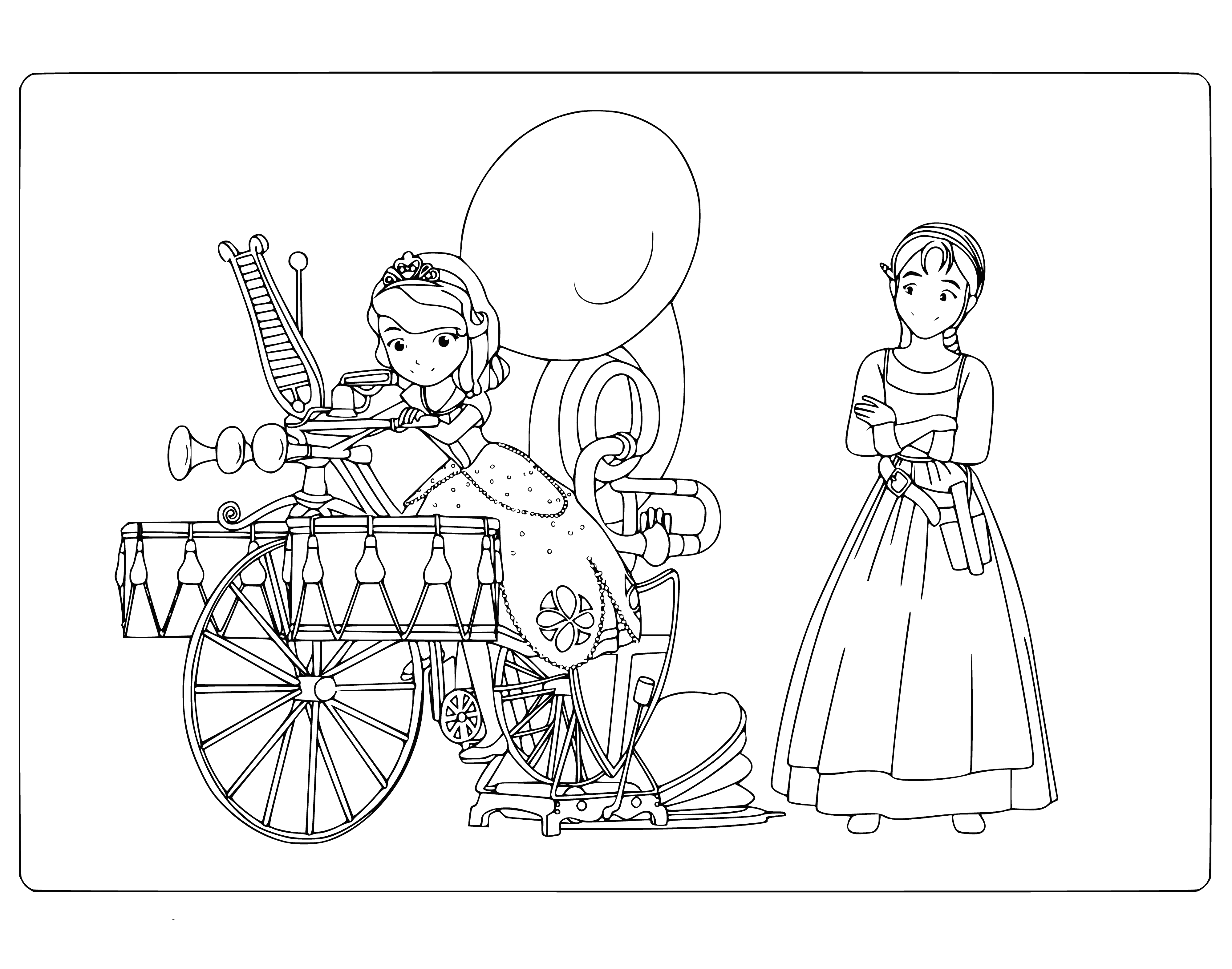 coloring page: Two friends exploring the mystery of a large machine, with one getting excited by the explanation.