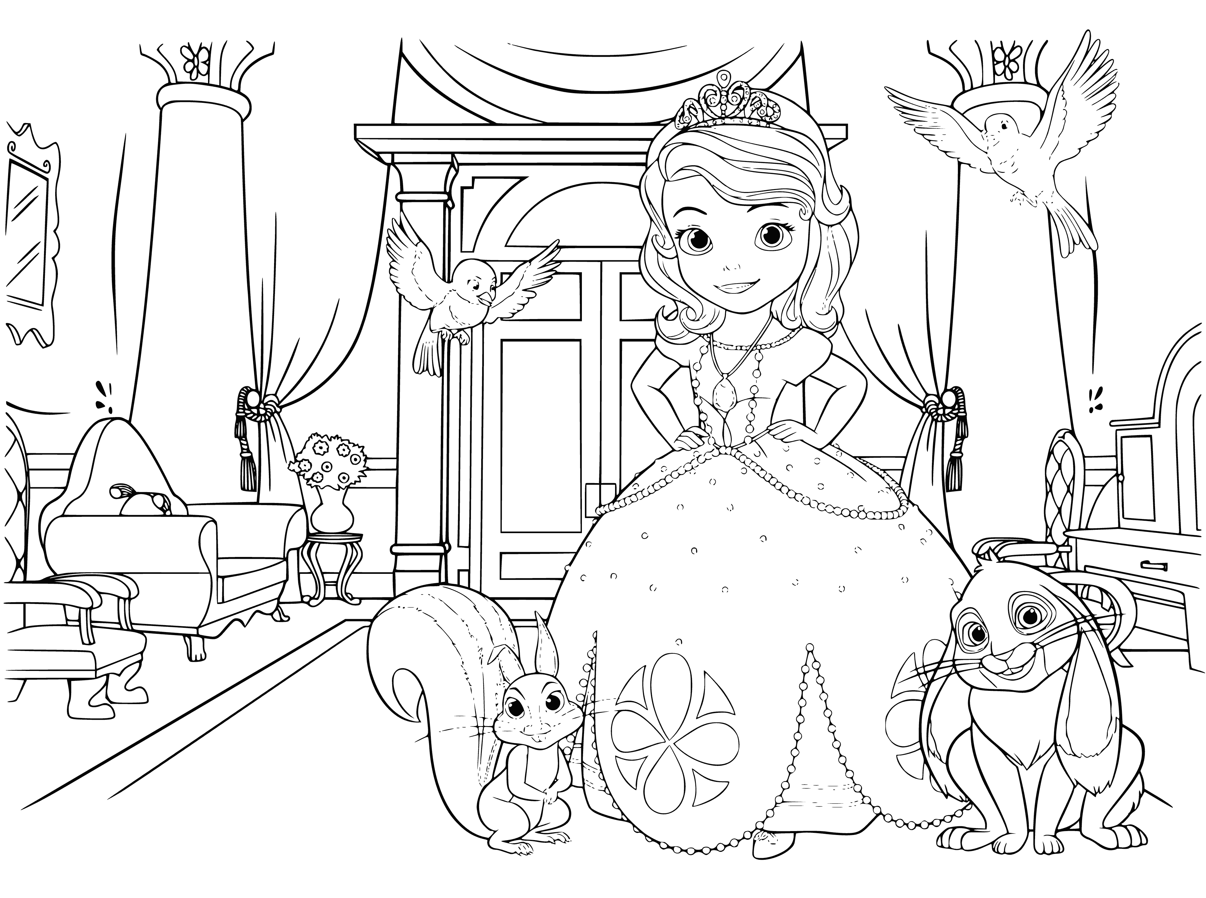 coloring page: Sofia is a royal in a blue dress with a white collar, tiara and looking out the window.