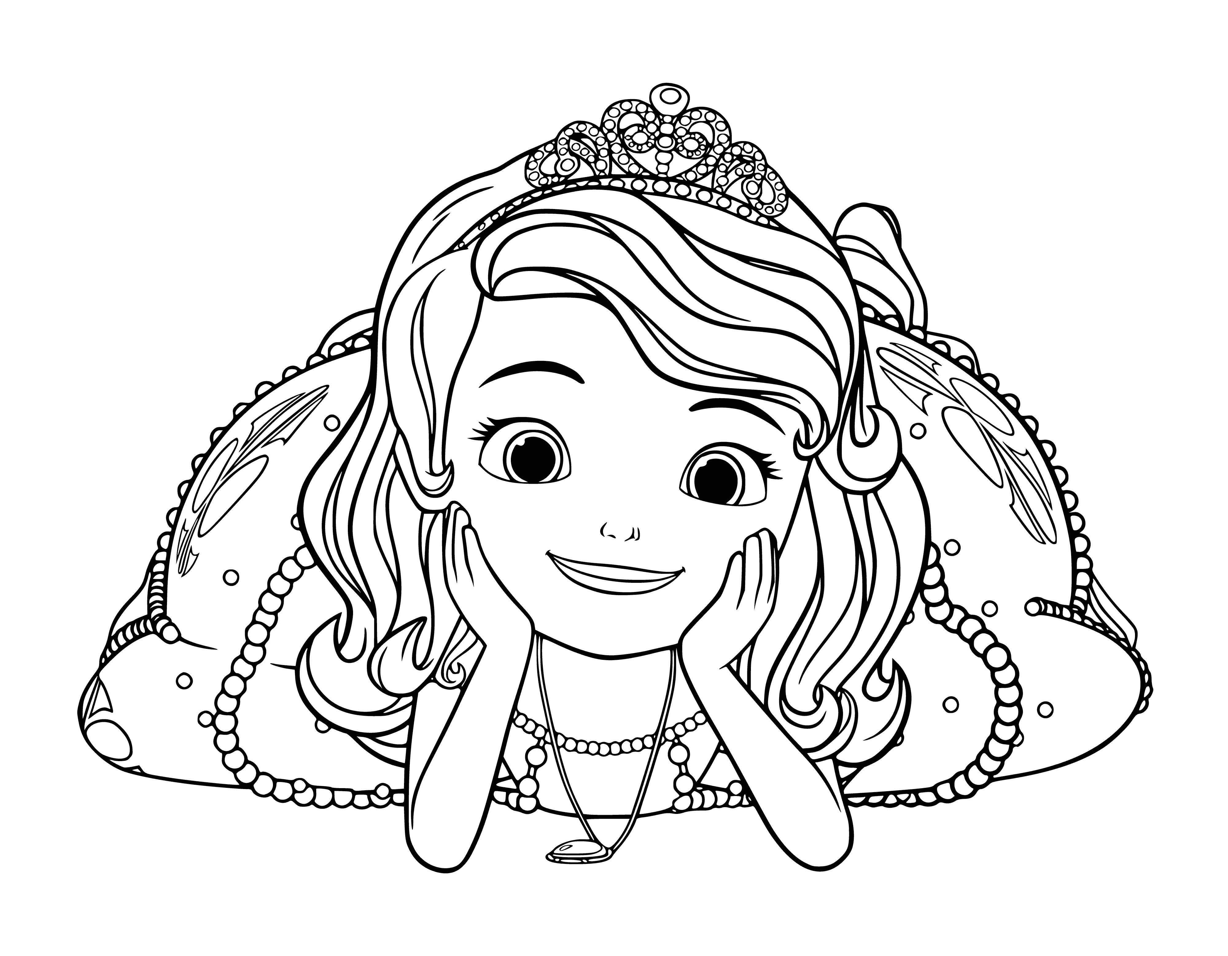 coloring page: Sofia in a big room with others, wearing a purple dress and gold crown; she looks happy and excited. #SofiaTheFirst