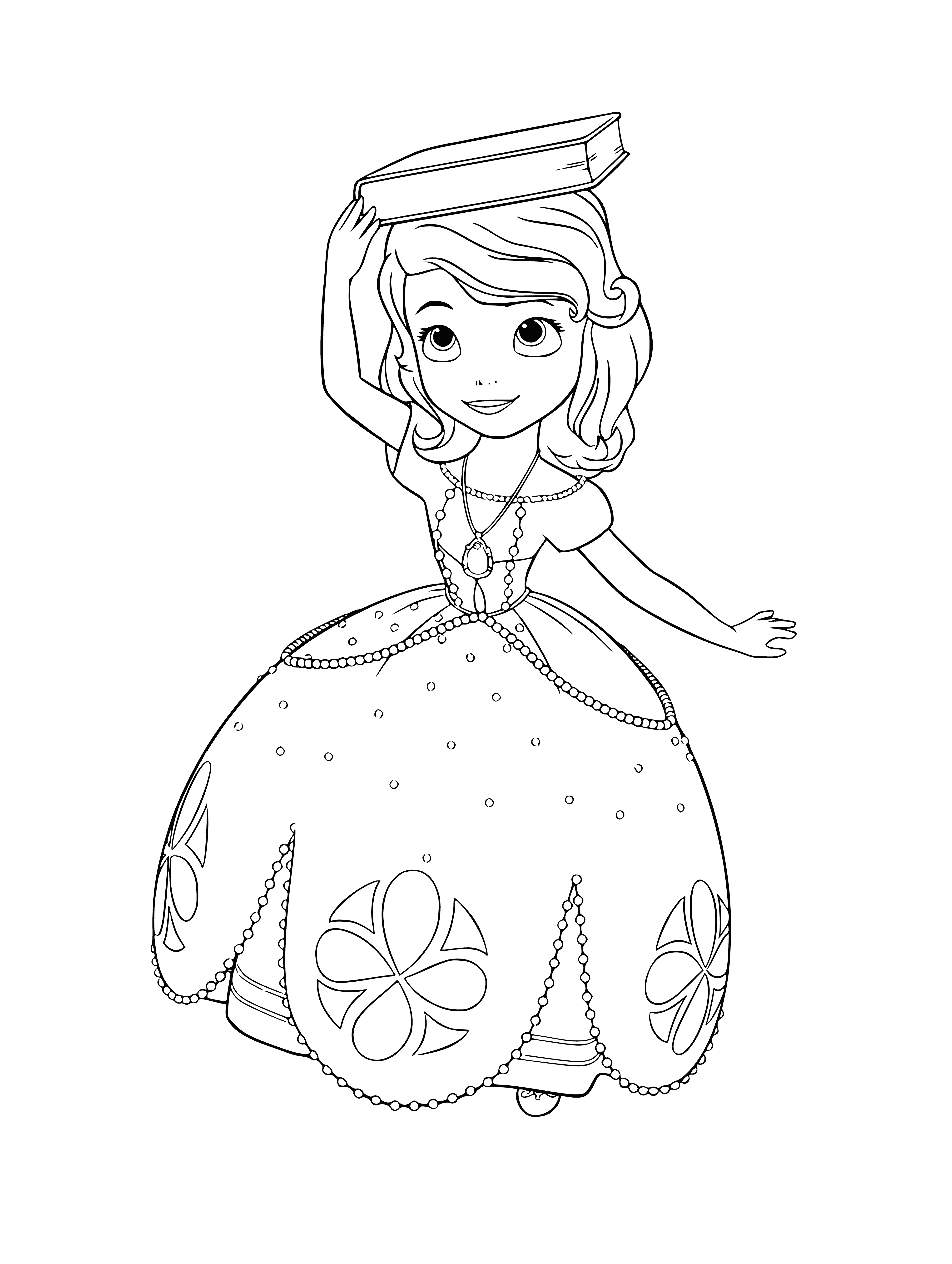 coloring page: Princess Sofia reads a book while wearing her purple dress.