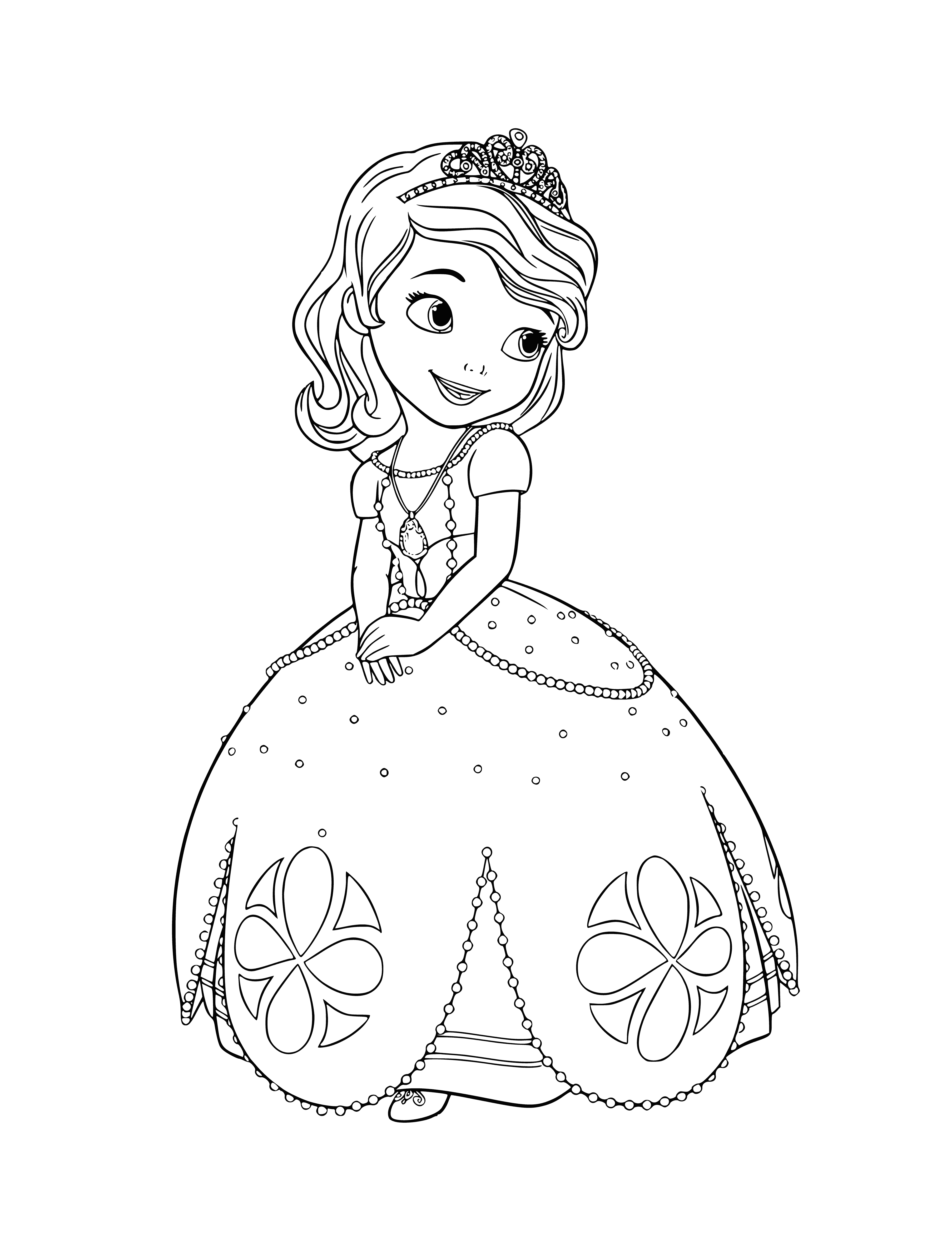 coloring page: Sofia stands in front of a castle in a pink dress and crown, holding a wand. #PrincessLife