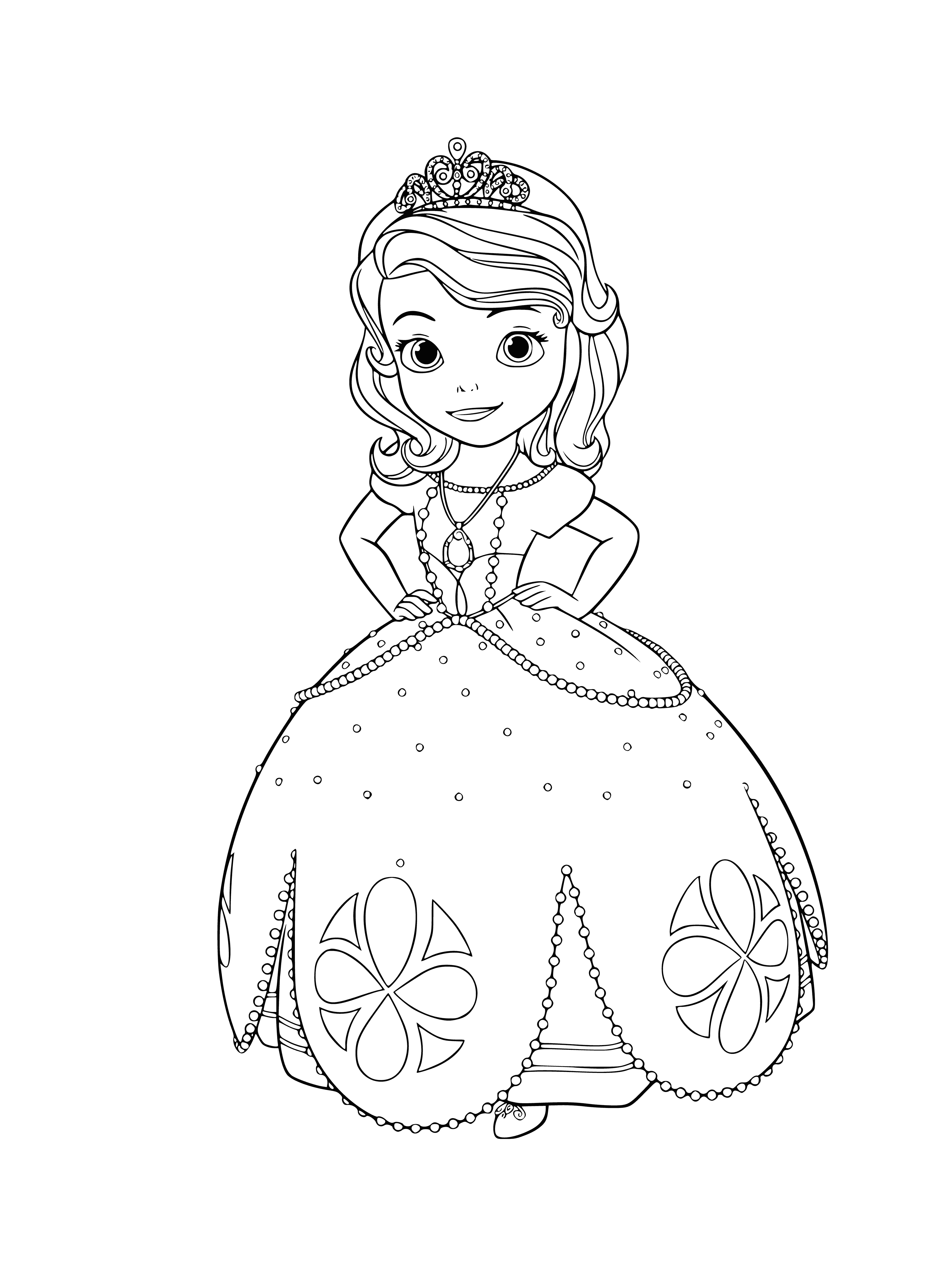 coloring page: Little Sofia has light skin, dark hair and a pink dress with a gold tiara. She's cuddling a white rabbit.