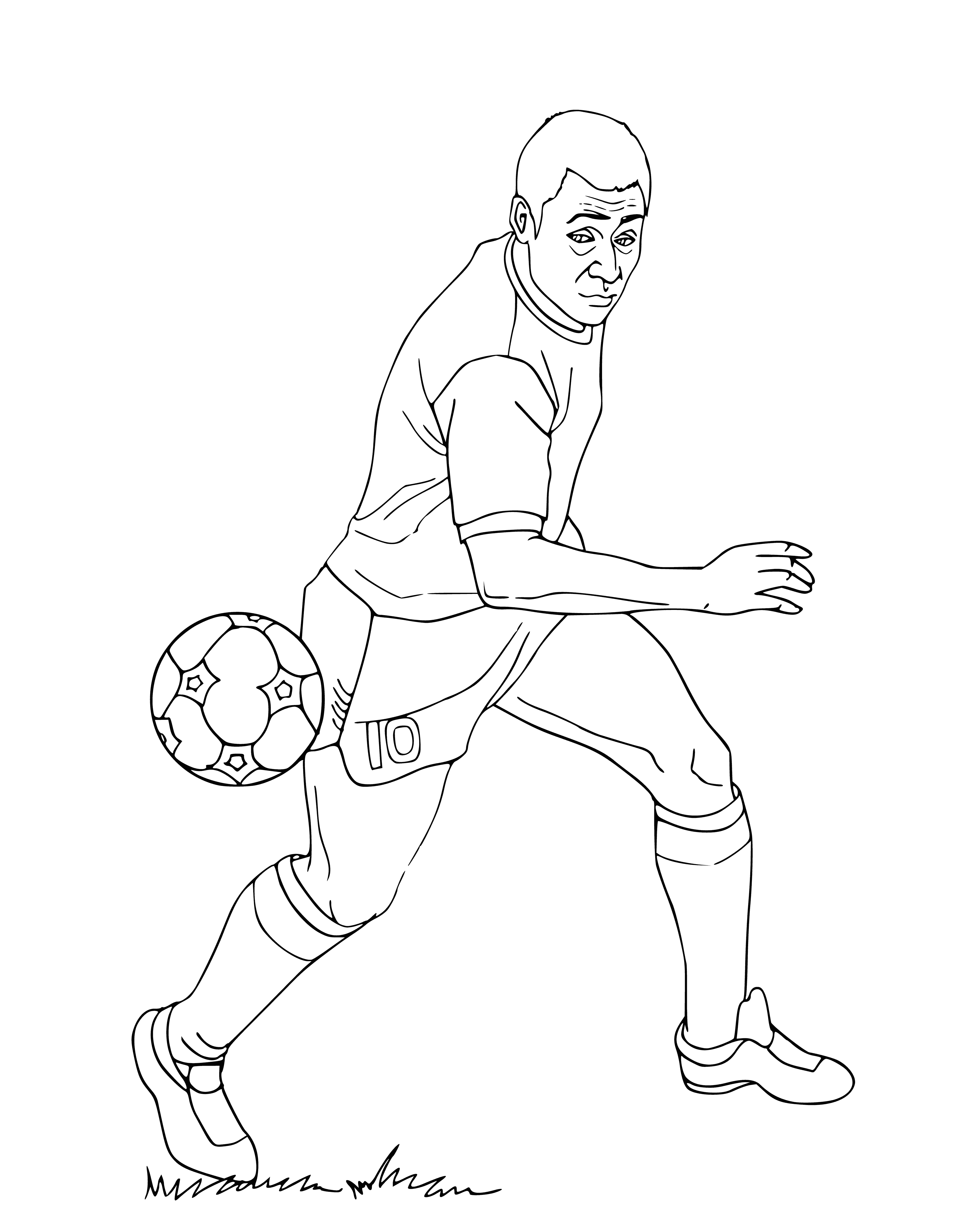 coloring page: Man kicking soccer ball in red shirt, blue shorts, red socks; tattoo on right arm.