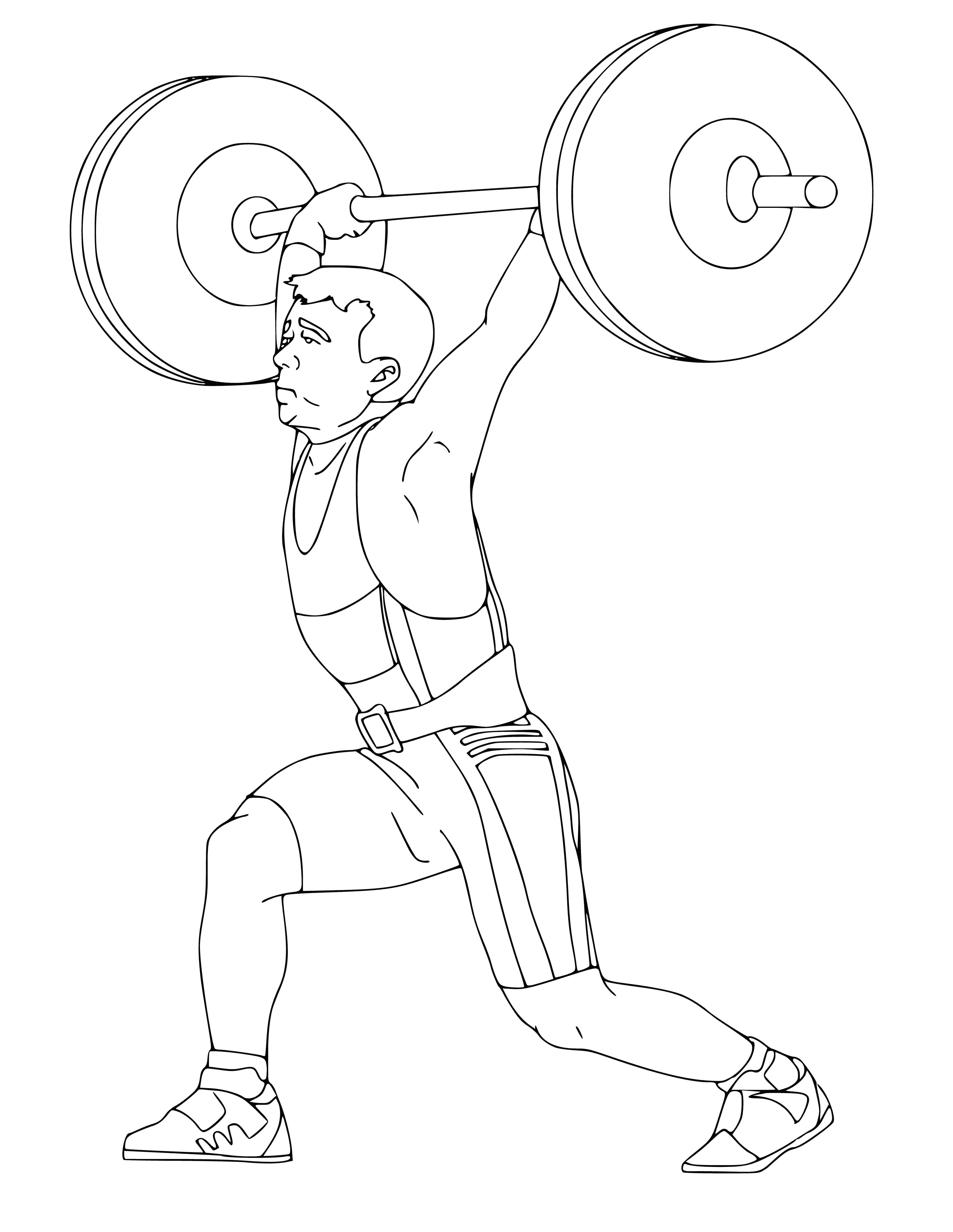 coloring page: Weightlifter in blue/white USA uniform holds two heavy weights in hands. #weightlifting