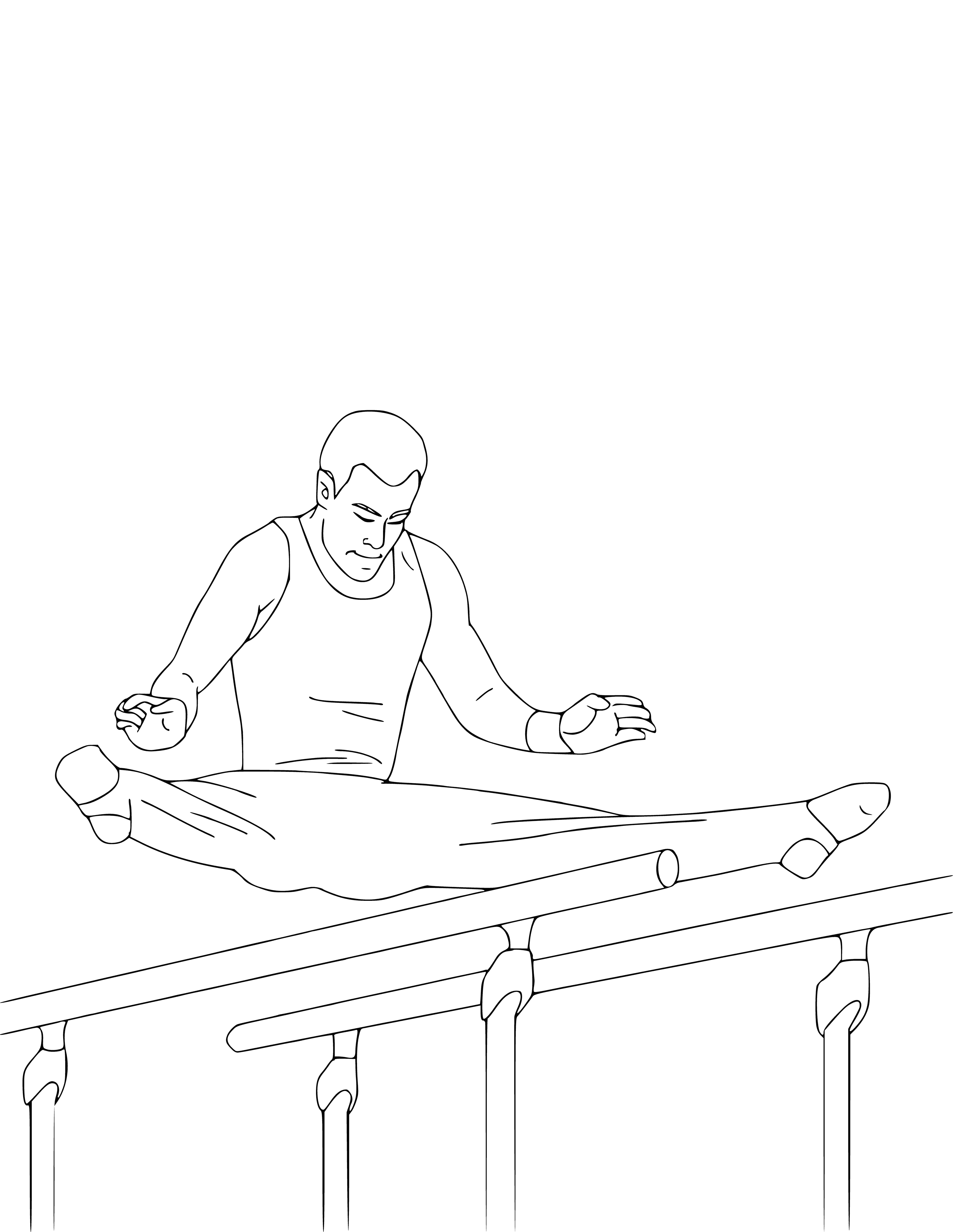 coloring page: Woman exercises on uneven bars in leotard, gripping bars with hands, feet in air.