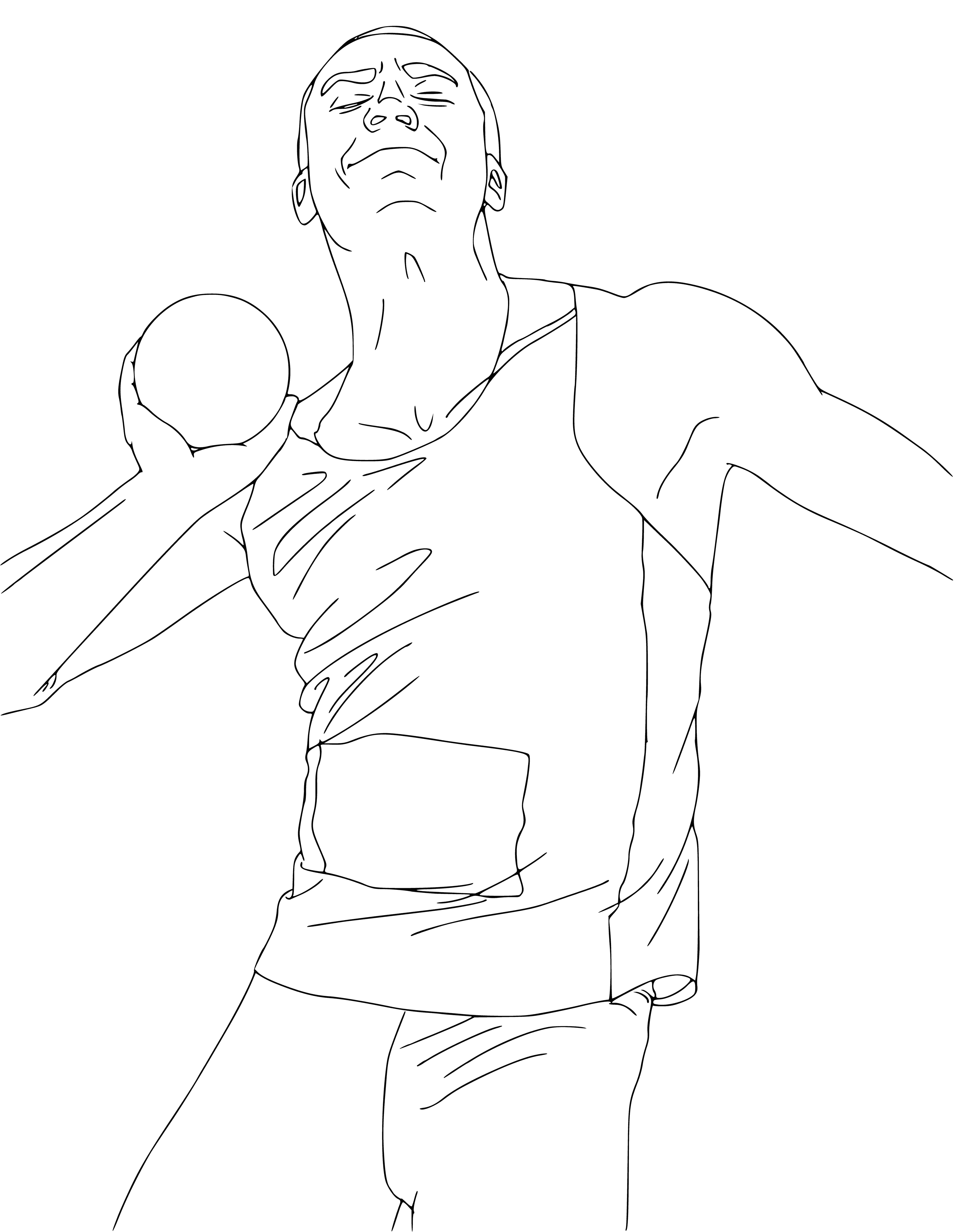coloring page: Person stands w/ feet shoulder-width, legs bent, ball in r. hand, left arm out, looking to r. Throwing core.