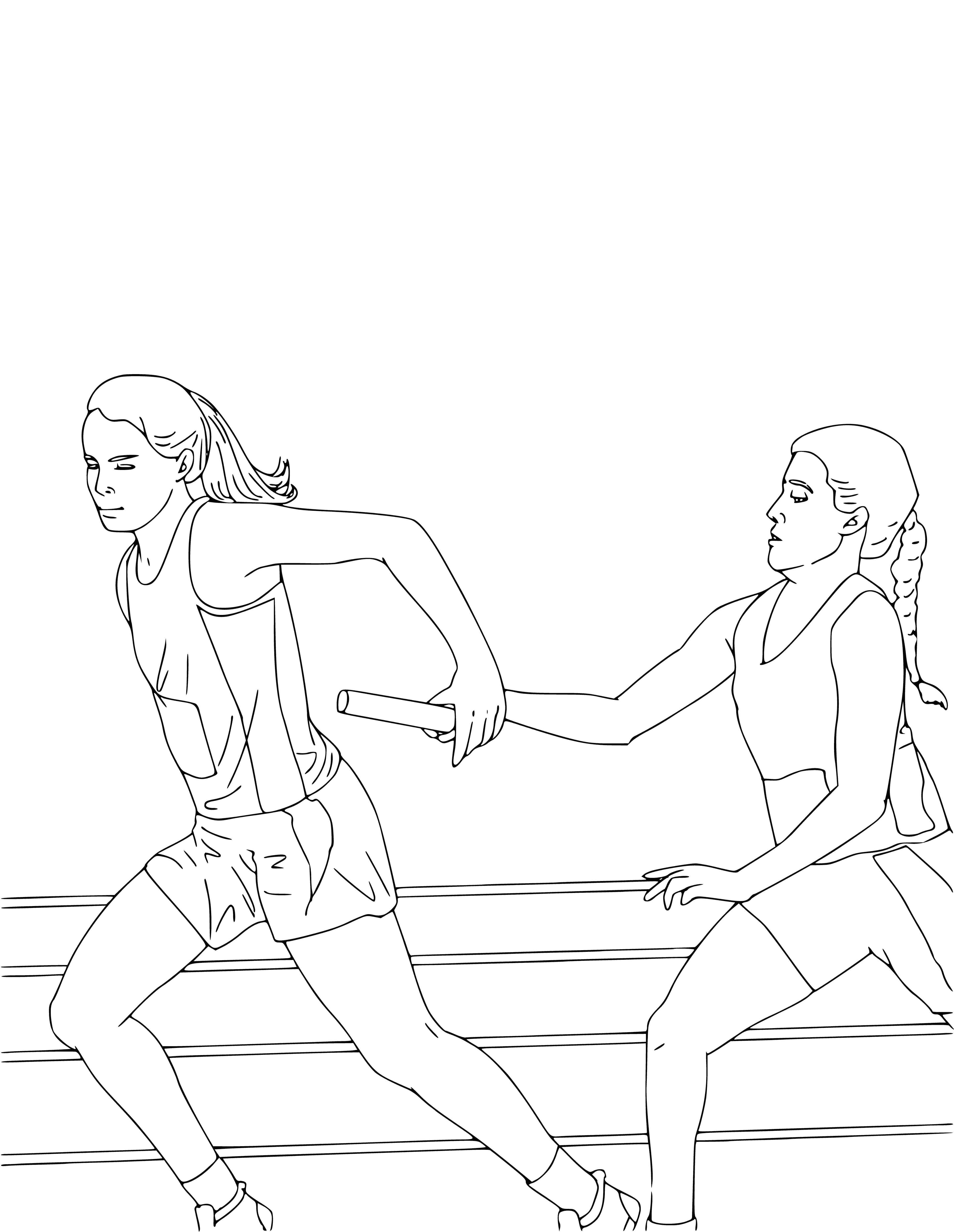 coloring page: Two teams of four runners in an intense relay race, passing a baton. Two runners running, two ready to go. Fourth runner not coloring paged. #Running #RelayRace