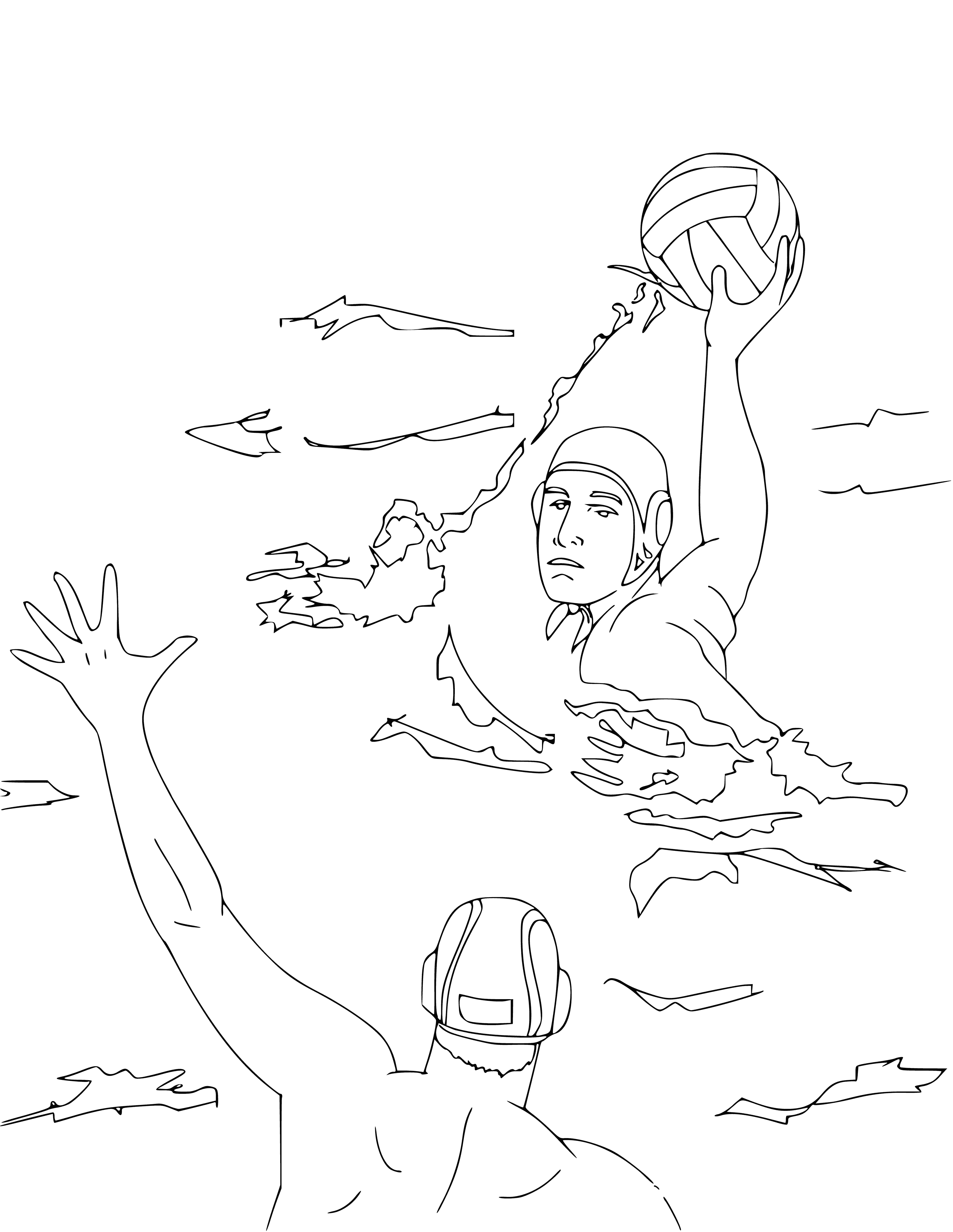 coloring page: Man & woman playing water polo in a pool. She has the ball, he's swimming behind her. Referee + goalkeeper in the water, all in swimsuits.