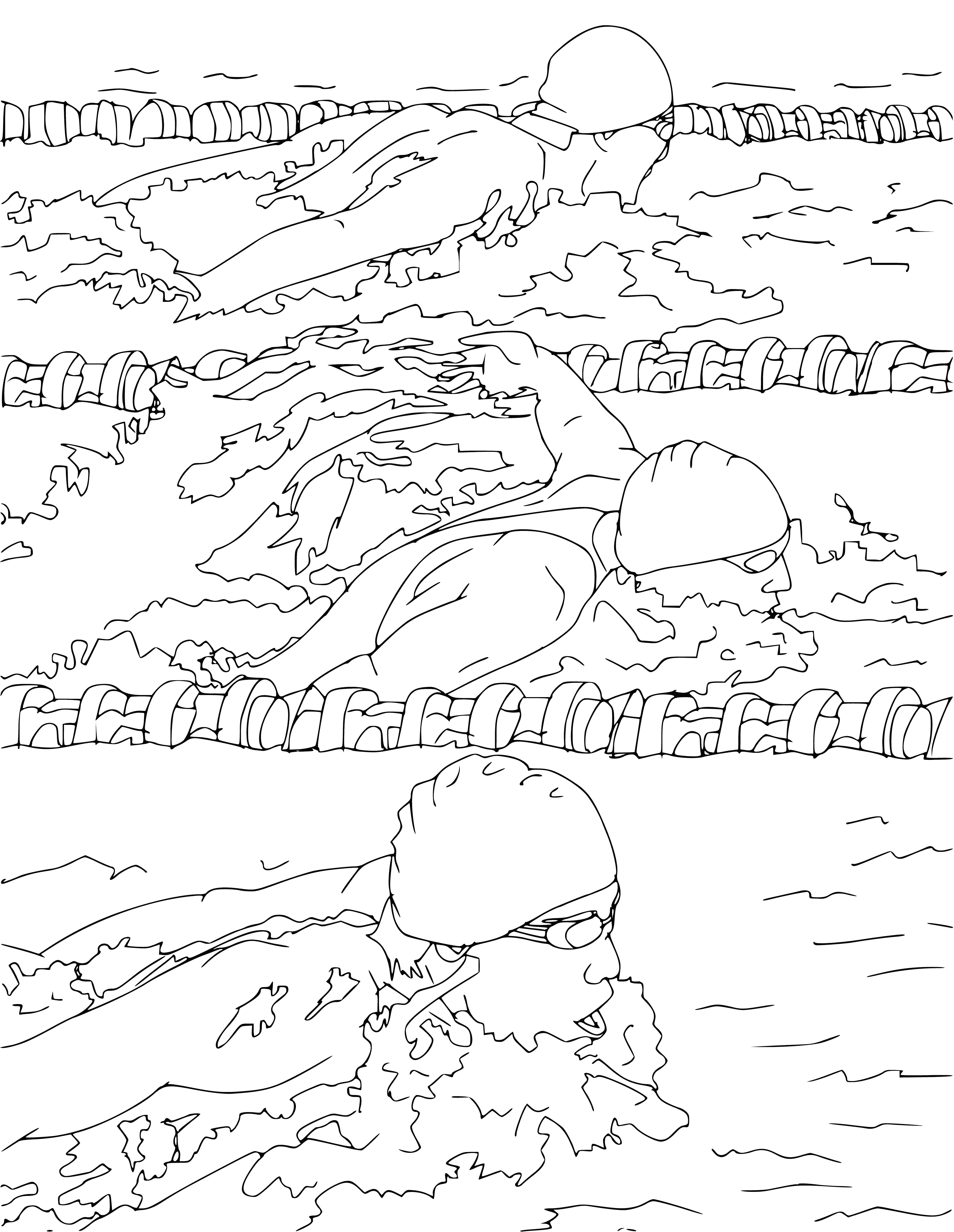 coloring page: Swimmers of all colors race in the Olympic-style pool, with deep blue water and white lane lines. Two swimmers in action, the rest starting or at the wall. Tiled deck, green trees add to the peaceful scene.
