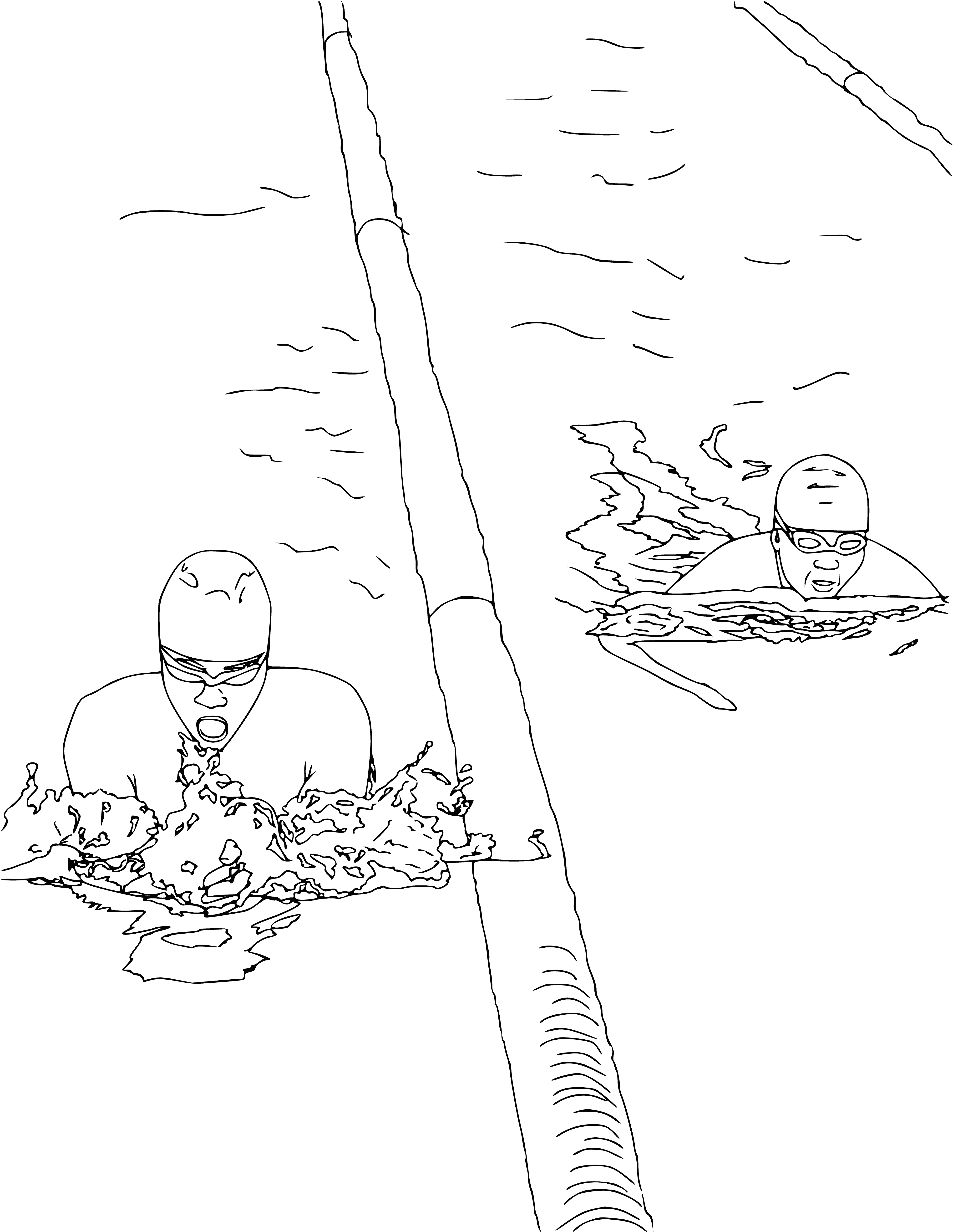 coloring page: Man swimming in black swimsuit, black cap, doing laps in the pool.