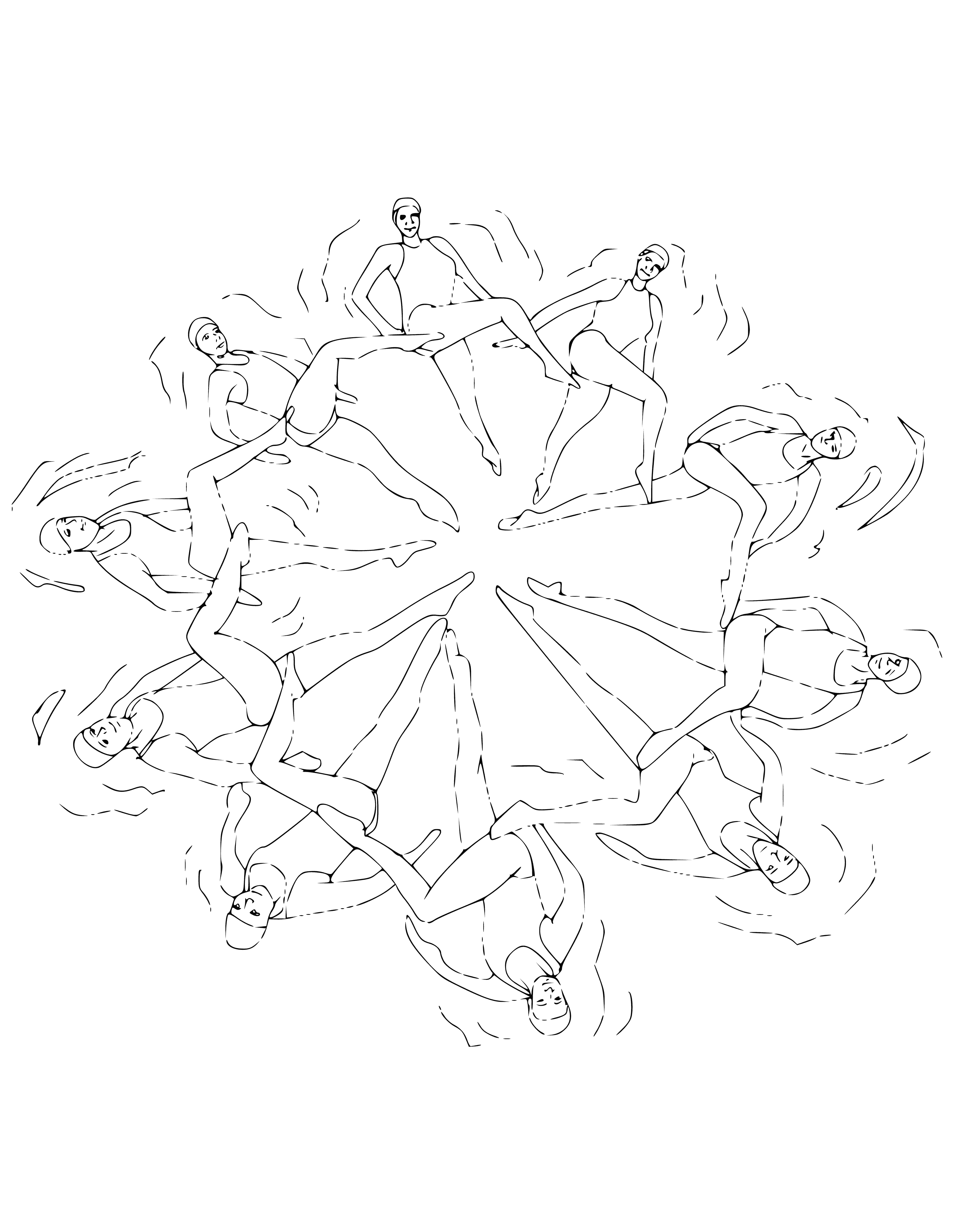 coloring page: Two swimmers, synchronized in their swimsuits, caps, and strokes. Serious expressions as hands hold tight.
