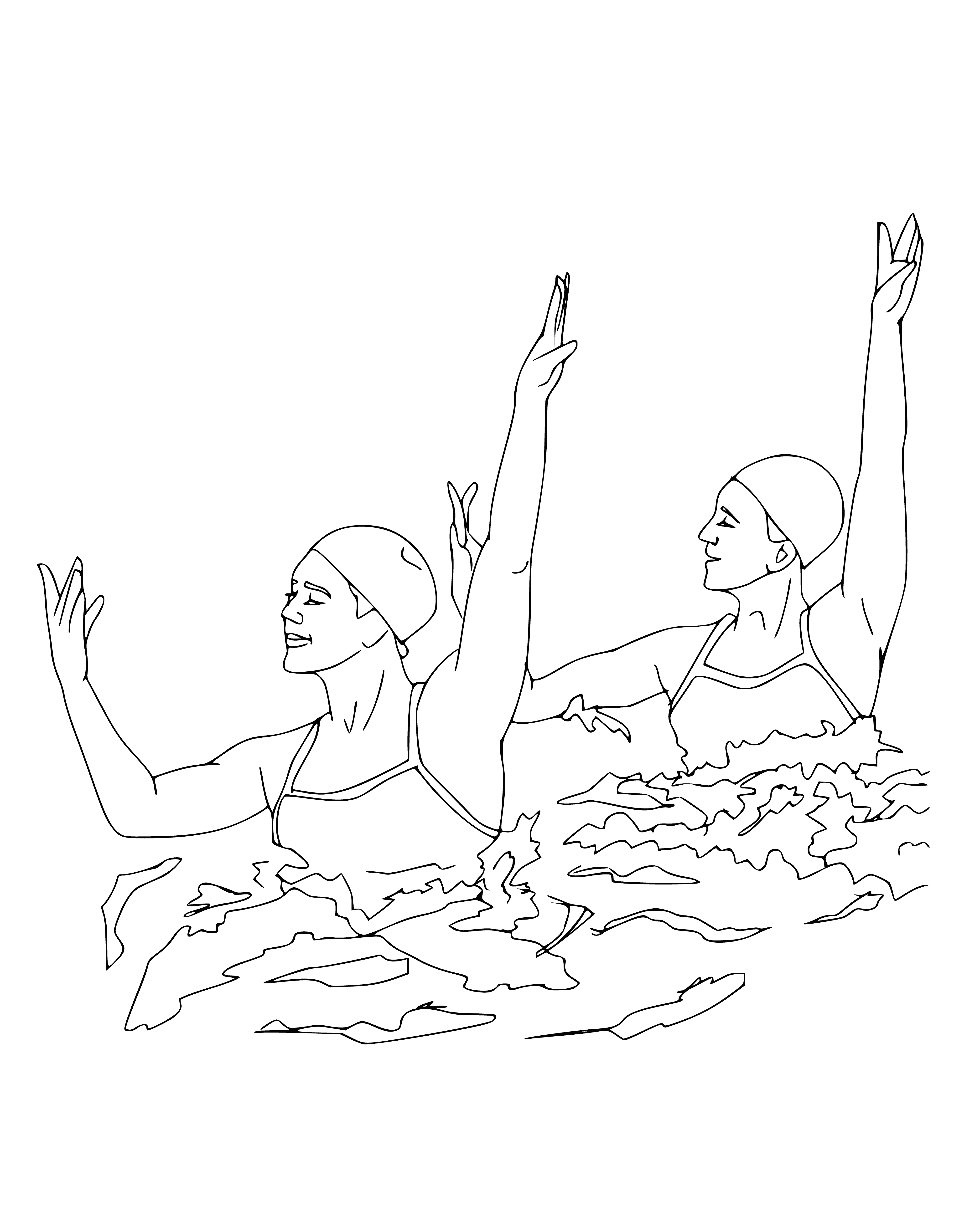 coloring page: => Eight synchronized swimmers in caps & suits doing flips & turns in pool, with reflection on surface.
