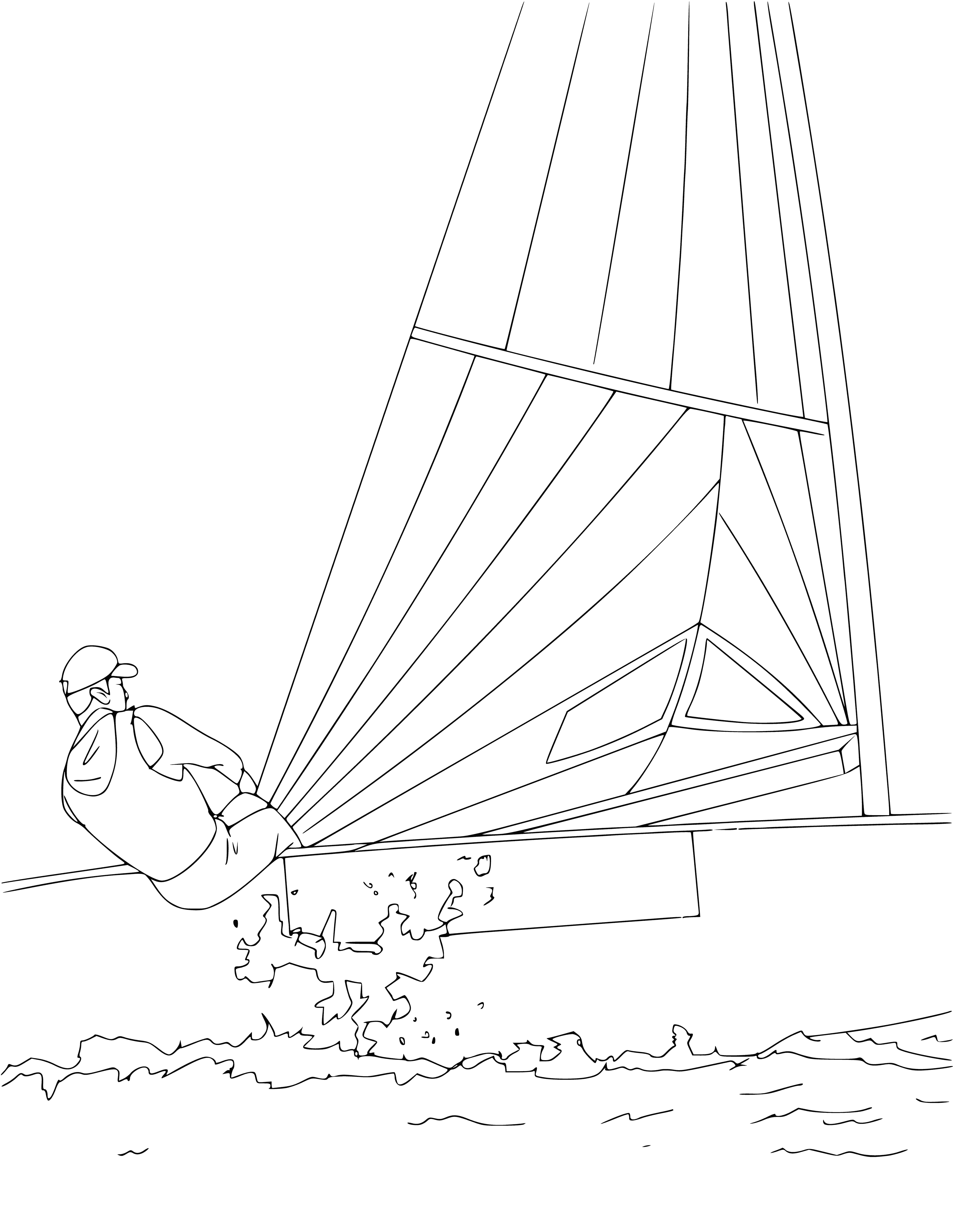 coloring page: People enjoying a sailing boat on bright blue water, white boat with blue stripe down the middle, billowing sails in the wind. #Sailing