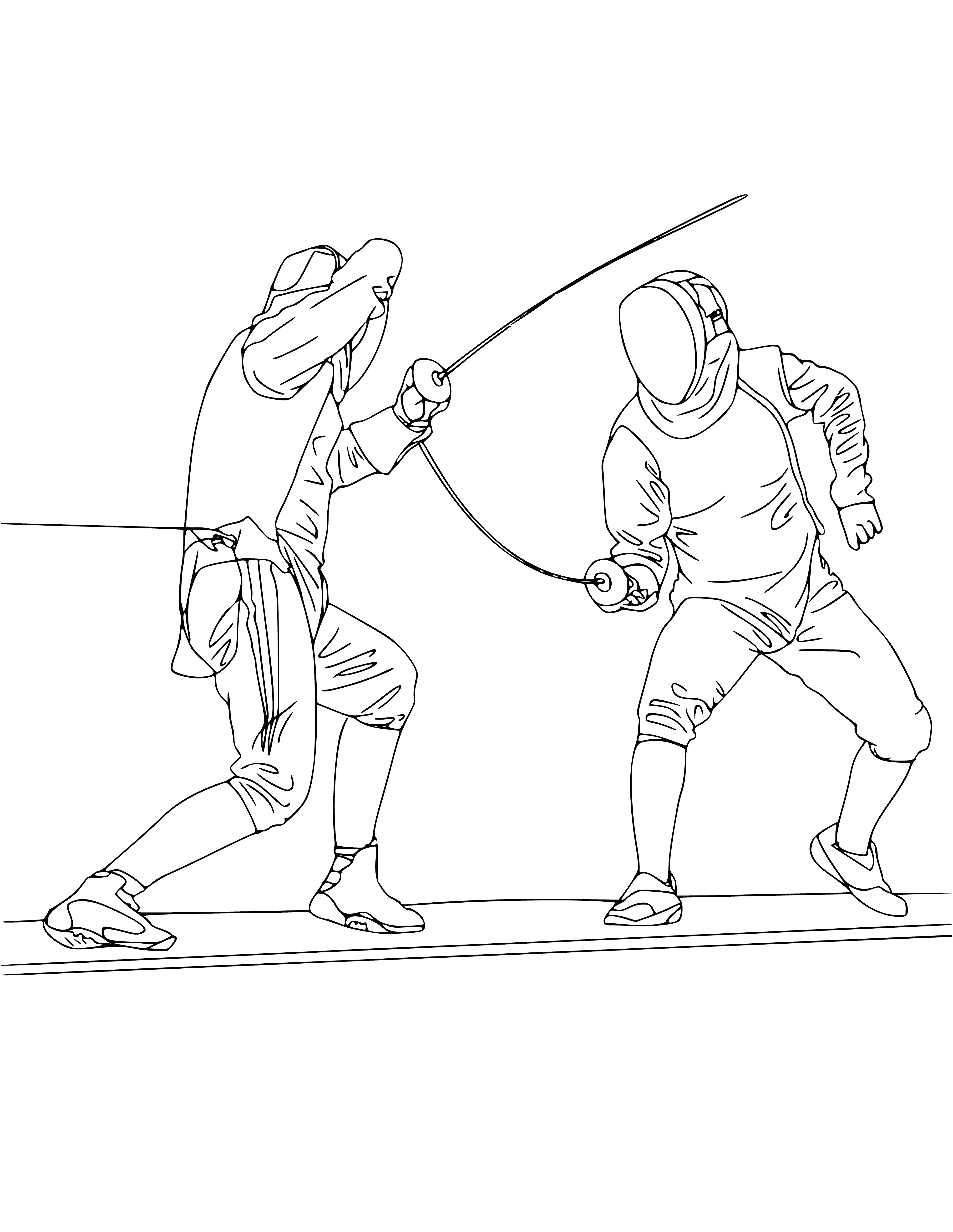 coloring page: Two people fencing on a strip, both in uniforms w/ masks & swords. Ready to compete! #fencing