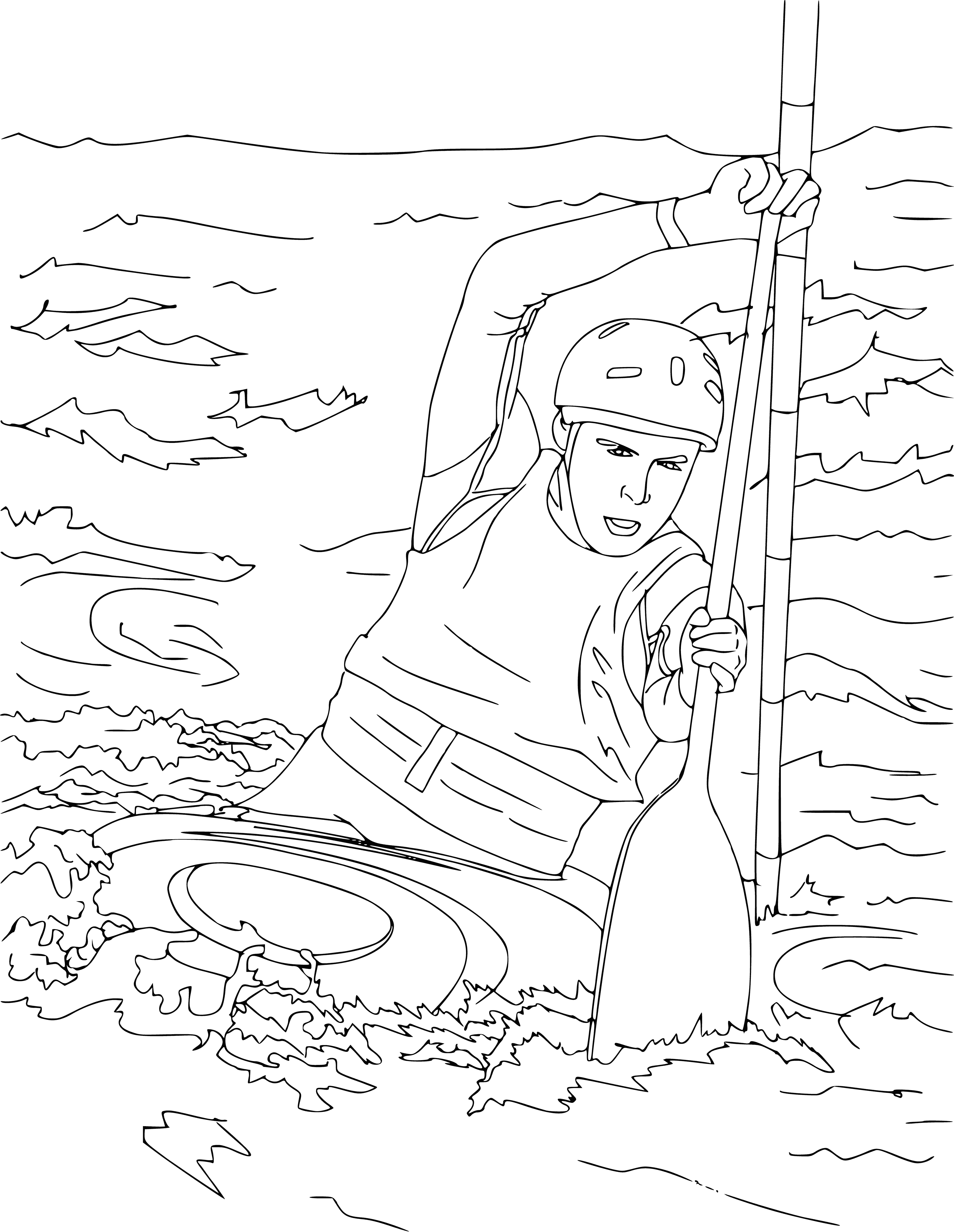 coloring page: Man canoeing on a lake, wearing life jacket, with paddle in hand. Calm & blue sky.