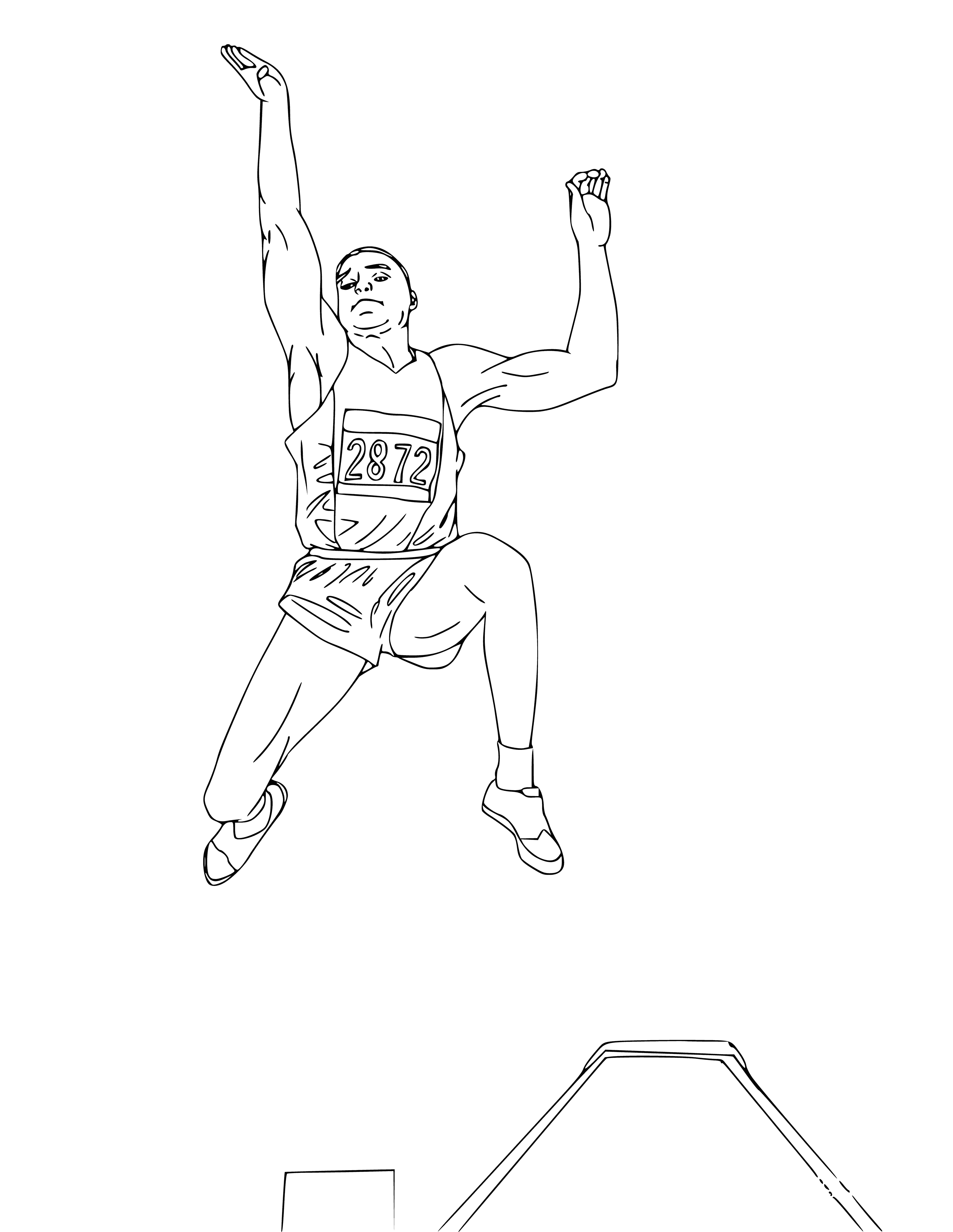 coloring page: Man long-jumping, wearing tracksuit and spikes; arms extended and legs outstretched.