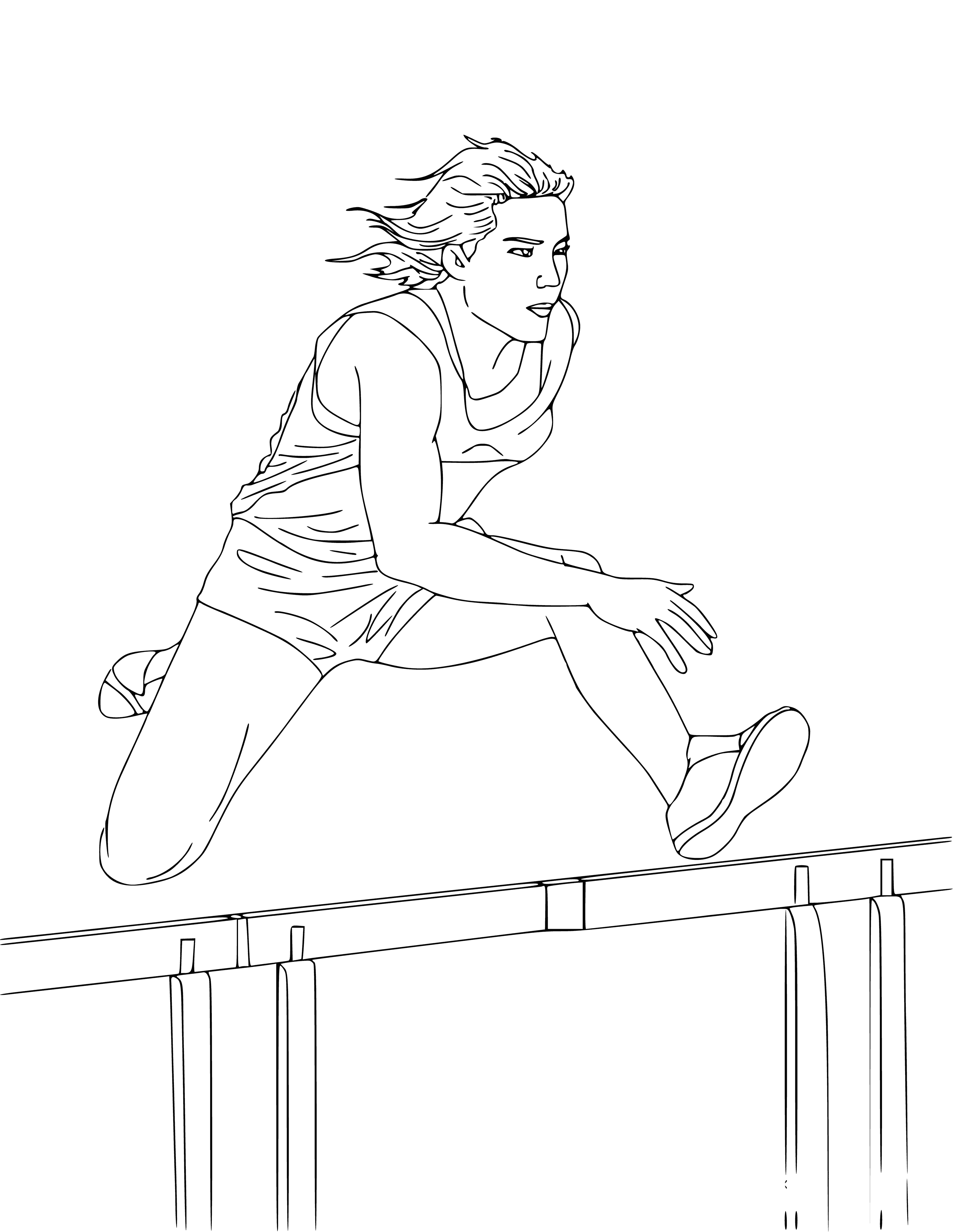 coloring page: Person hurdle racing in athletic gear, jumping over obstacles in their way. #trackandfield