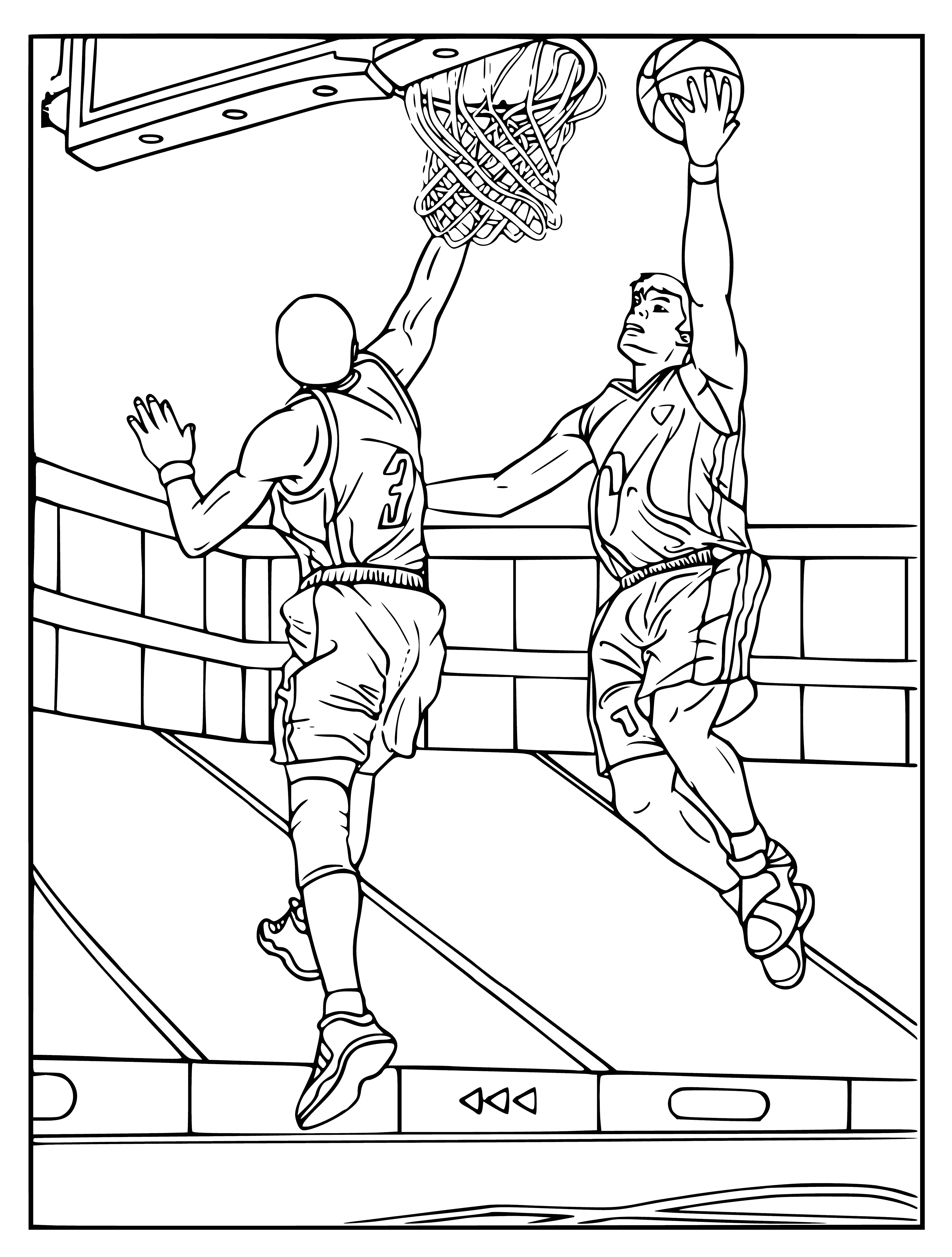coloring page: Person plays basketball, shooting ball towards hoop on pole with backboard.