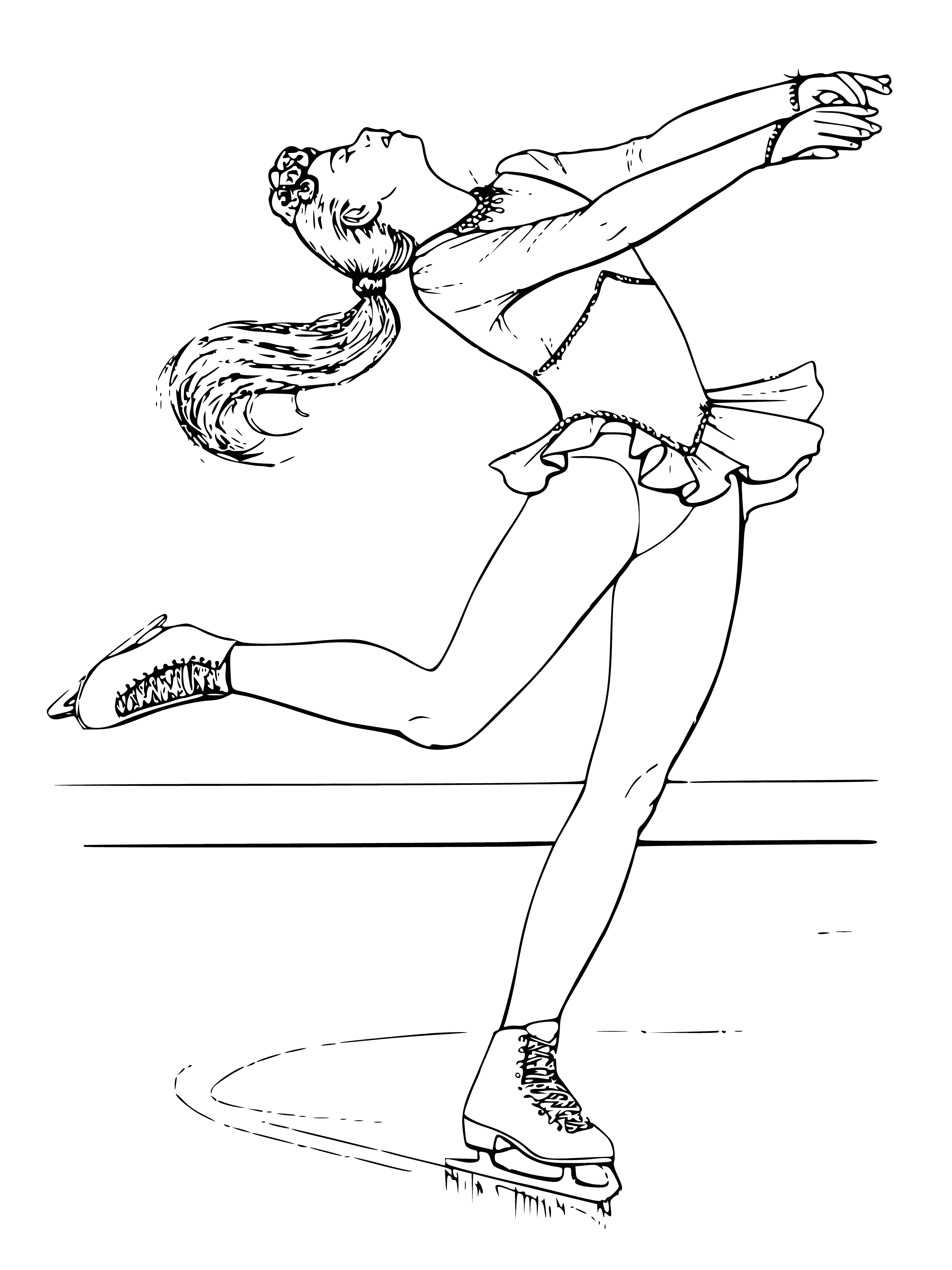 coloring page: Young woman gracefully skates in light-blue dress w/ crystals & sequins, thrilling audience w/ jumps & spins - a sight to behold! #iceskating