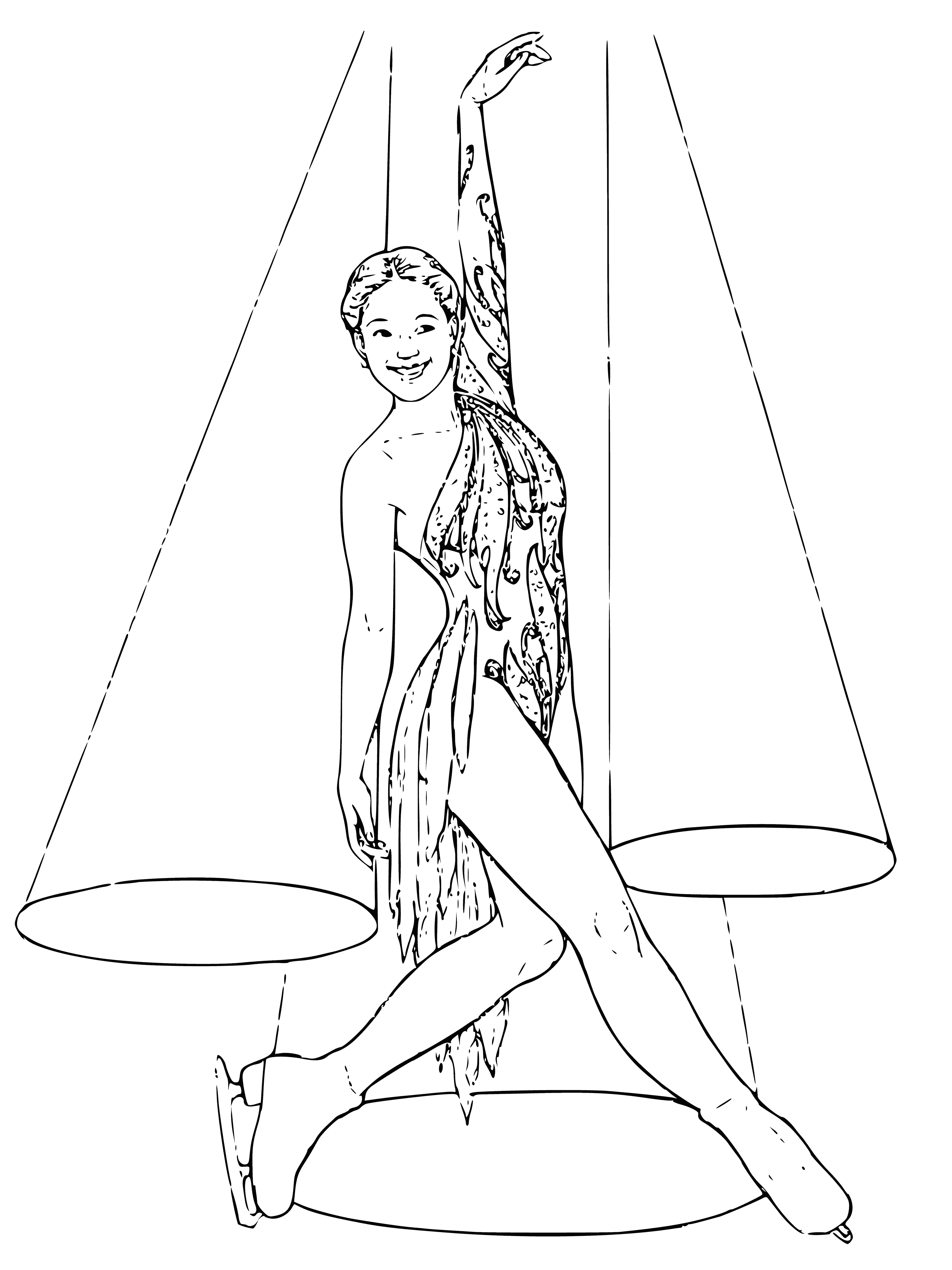 coloring page: Figure skater in blue & silver jumps on frozen pond surrounded by trees.