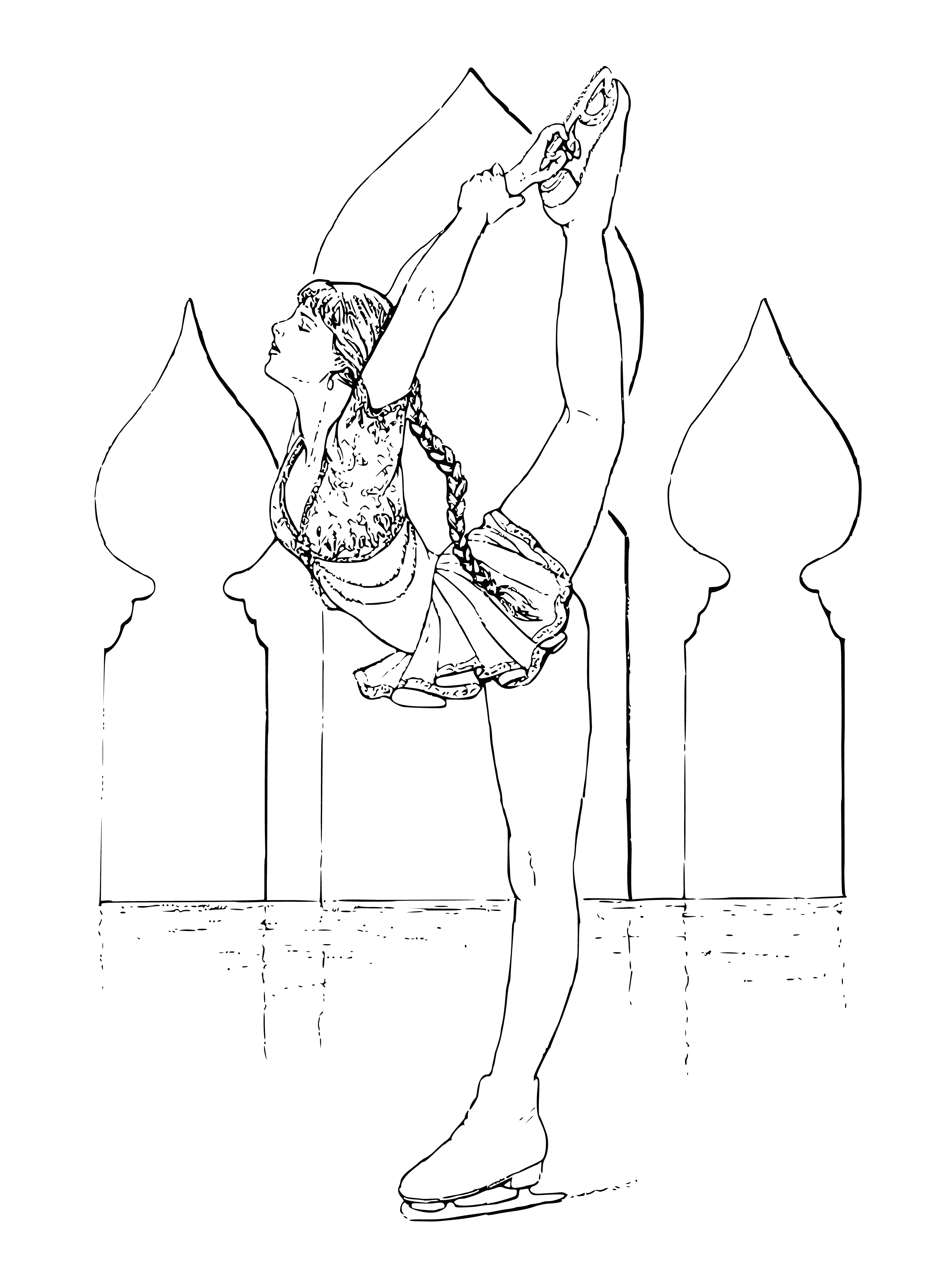 coloring page: Woman figure skating in pink/white dress, spinning gracefully on the ice with long blonde hair.