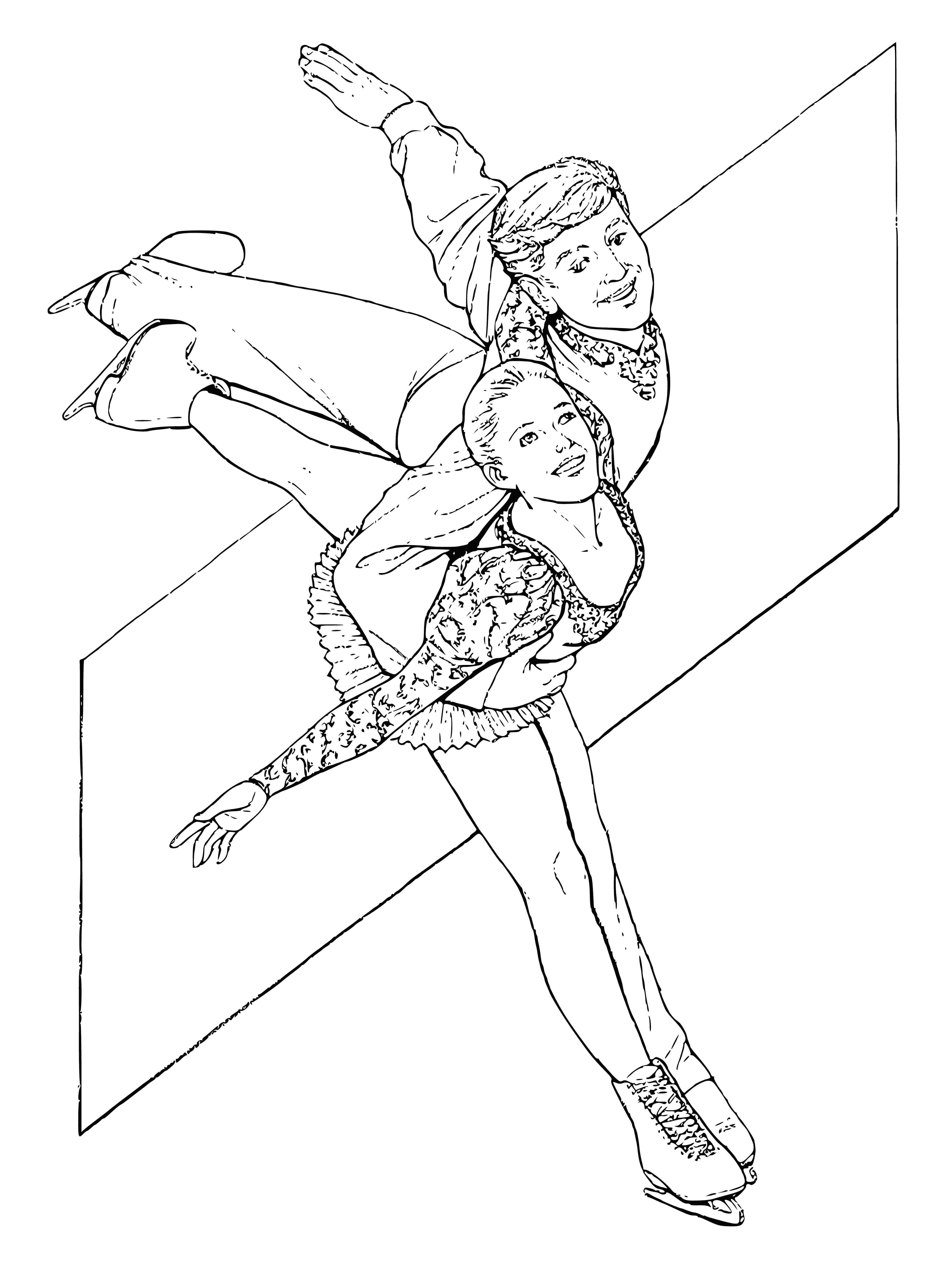 coloring page: Two people skating gracefully around the rink, hand-in-hand, in brightly coloured outfits.