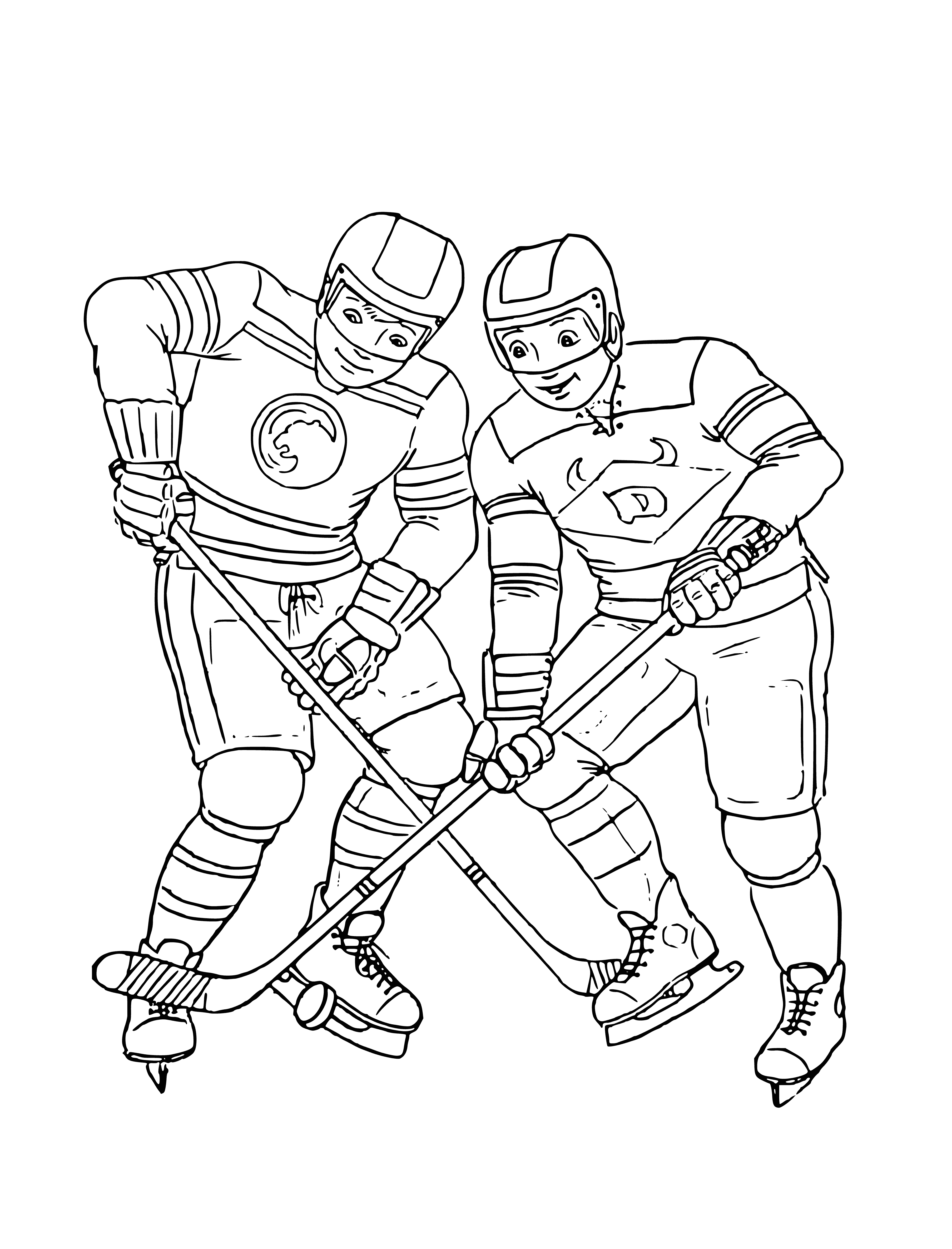 coloring page: Hockey: players use sticks to hit puck into opponent's net on a sheet of ice.