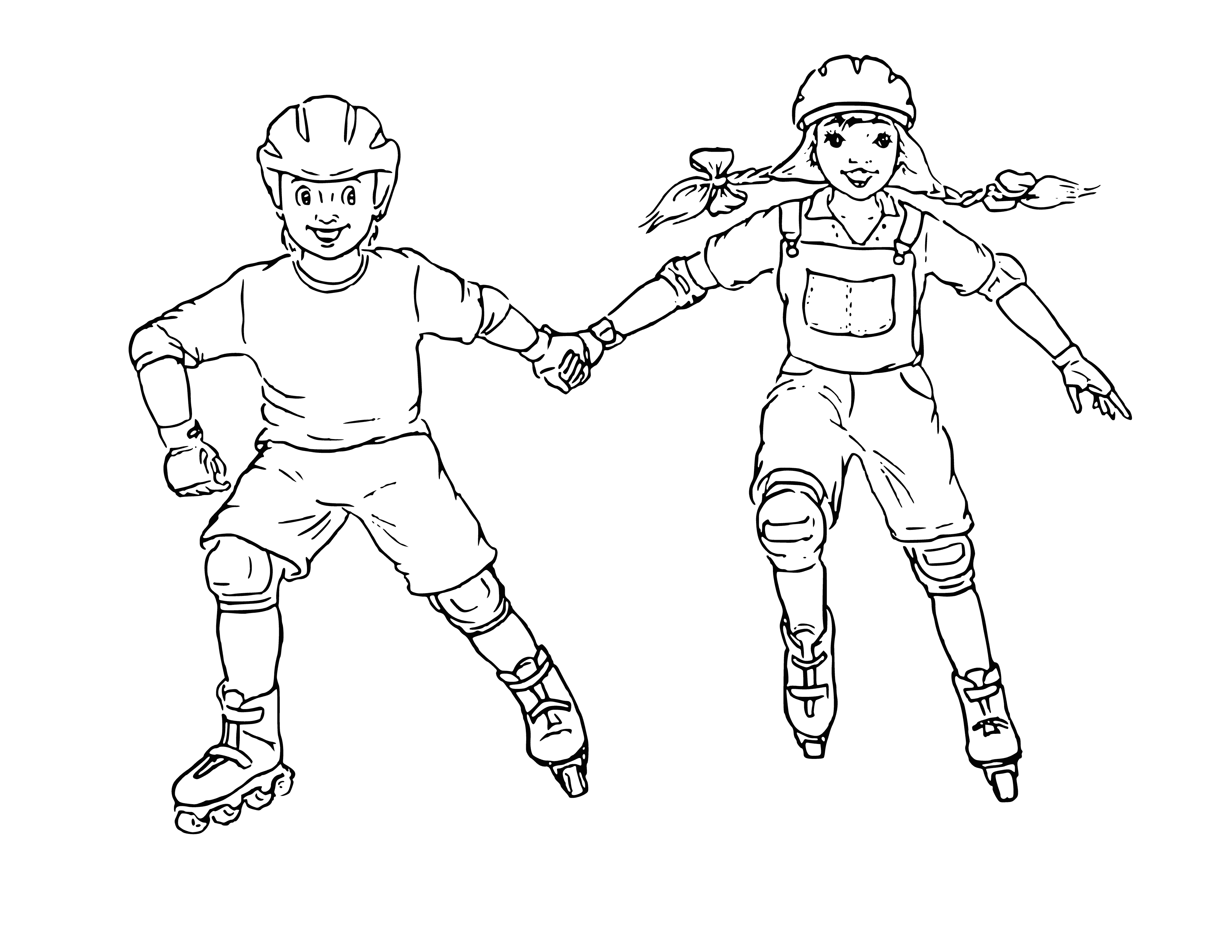 coloring page: Children are dancing around on roller skates in a park, some holding hands and all smiling. #fun