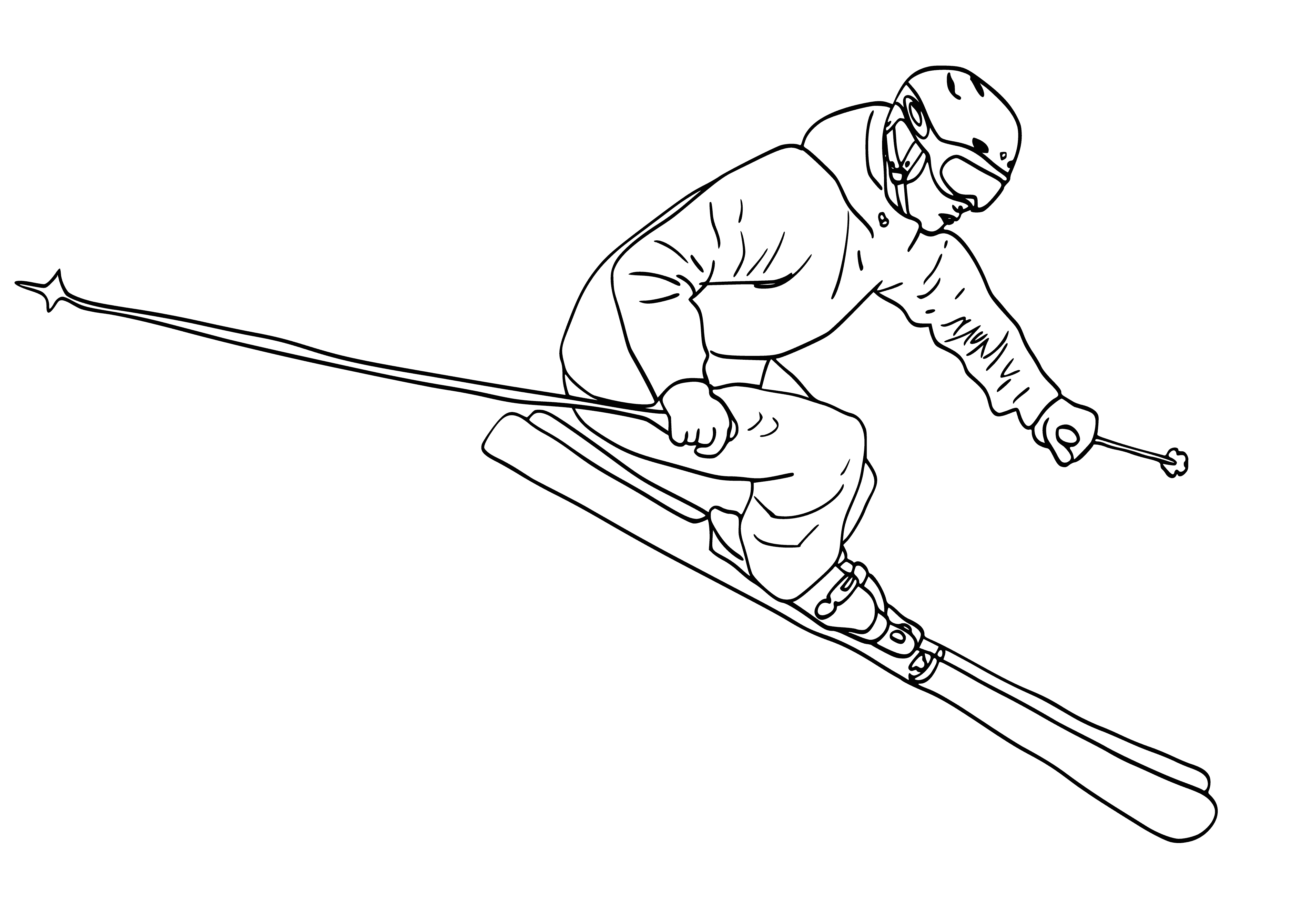 coloring page: Skiers ski down a hill on fresh powdery snow, clad in brightly-colored jackets & pants, with skis on their feet on a bright blue sky.