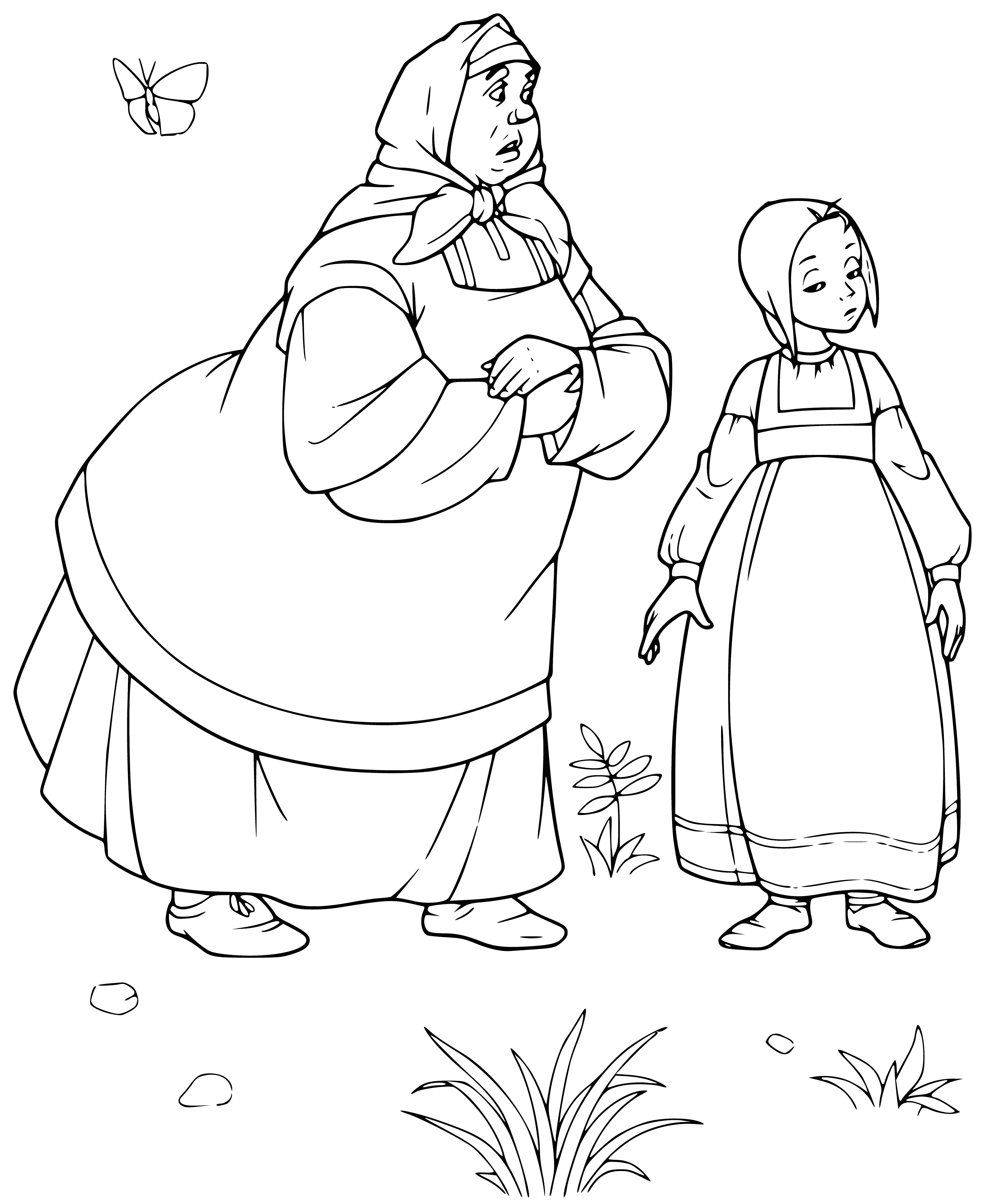 coloring page: Man and woman with baby, nanny holding another, man with whip and all wearing hats.