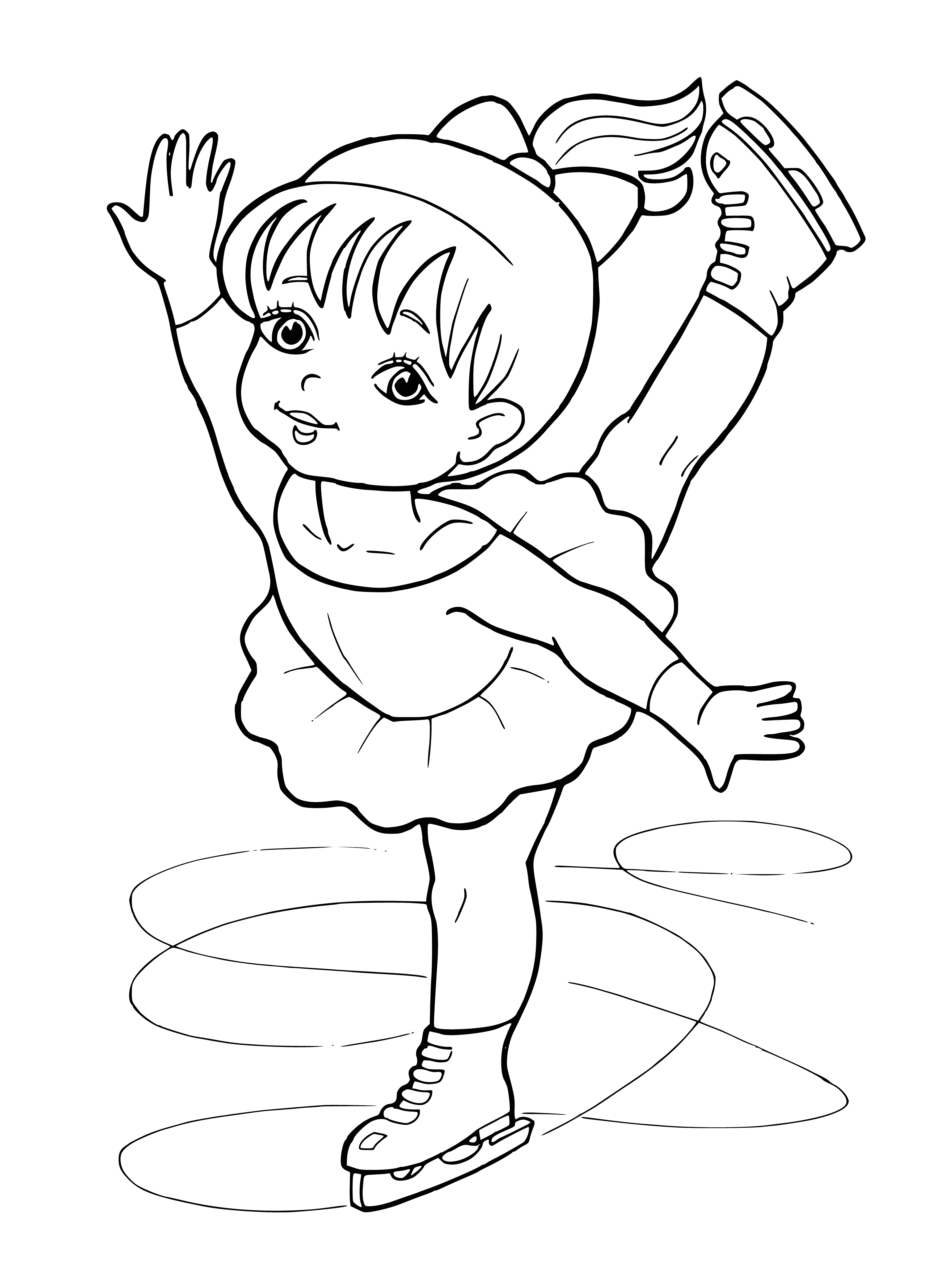 coloring page: Figure skater spinning gracefully on the ice in a white dress, arms out to sides, skates on. #figureskating