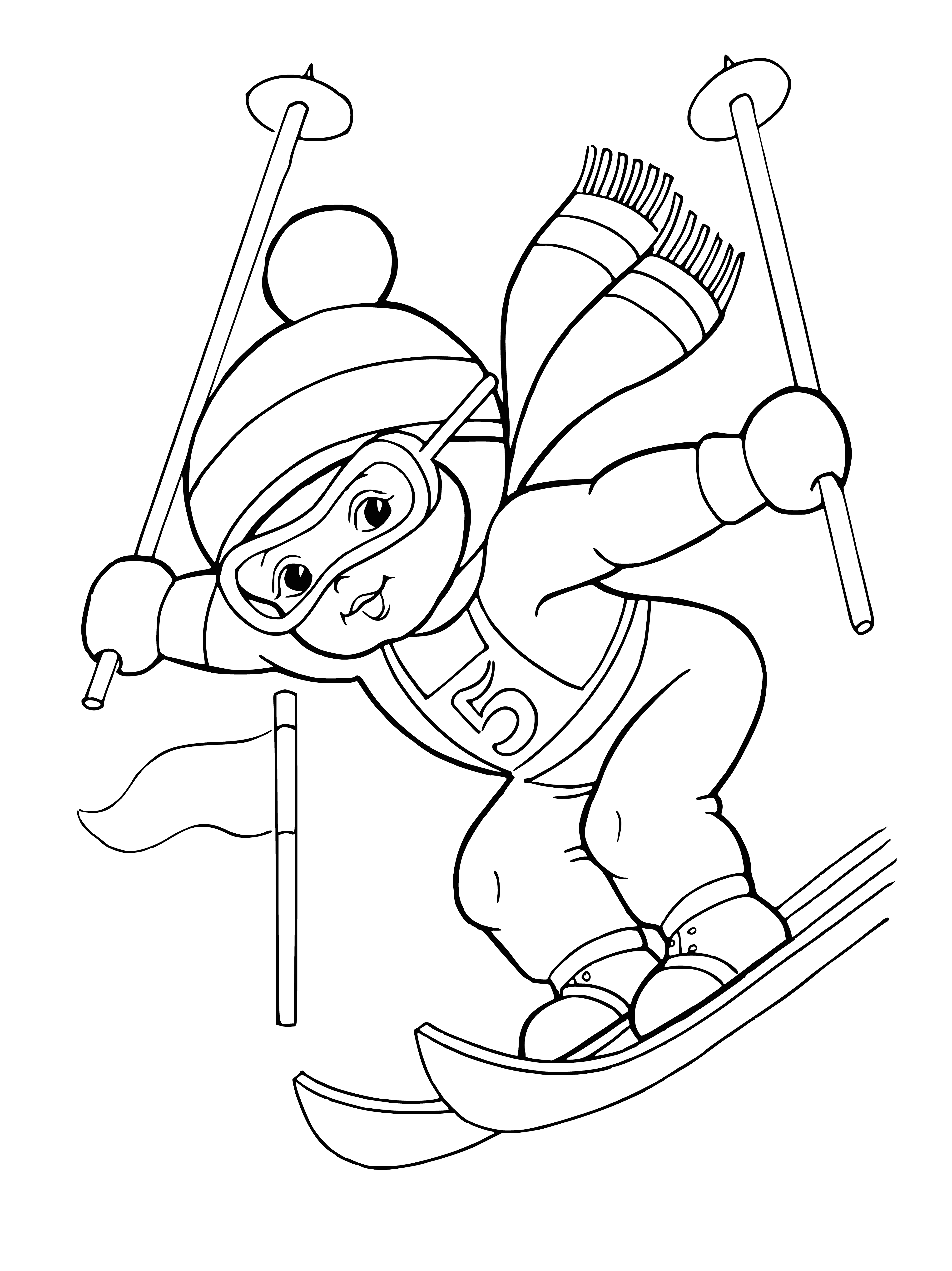 coloring page: People skiing down snowy hill, poles and warm coats/hats enabling them to stay warm.