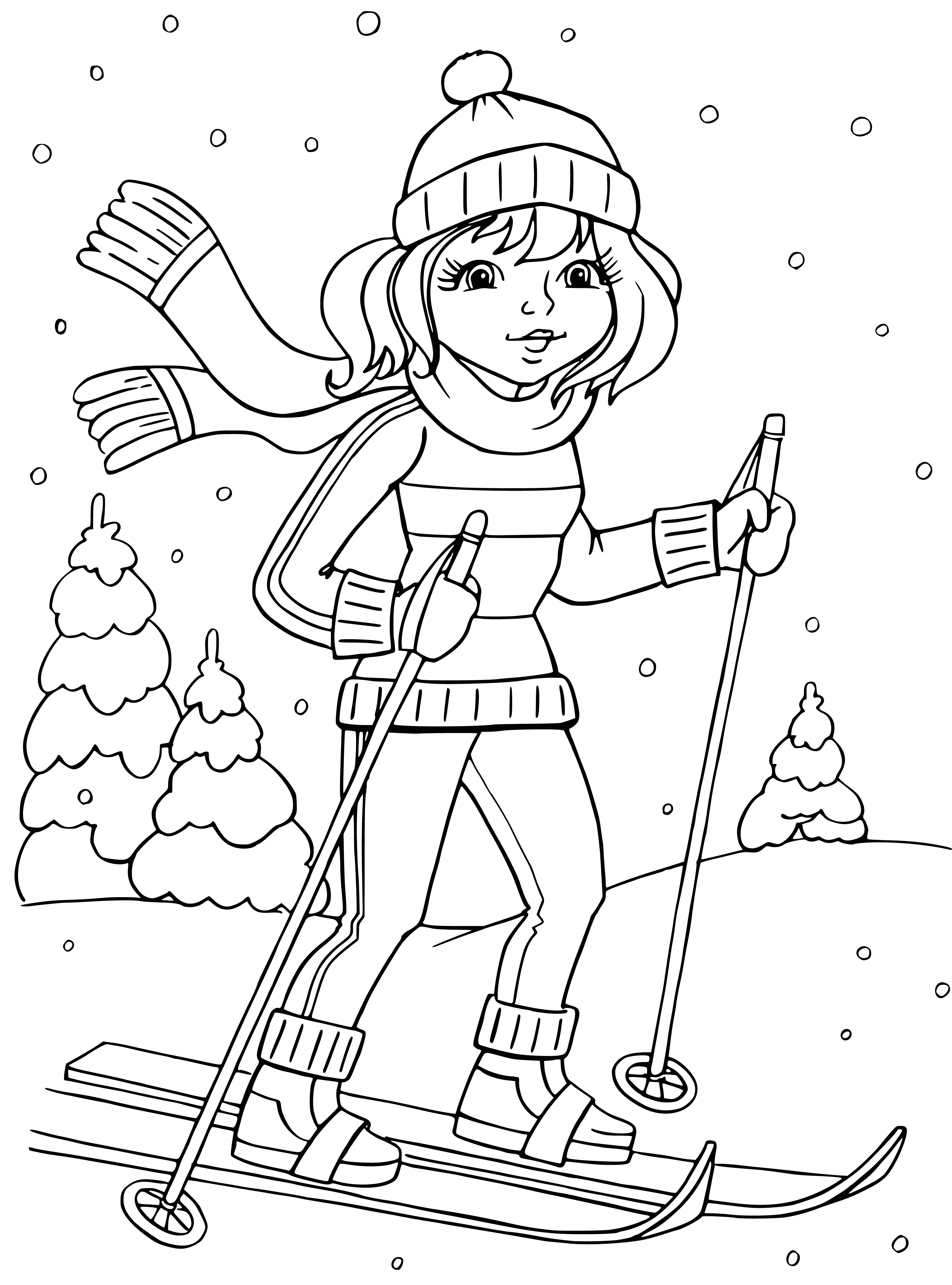 coloring page: Person skiing down snow-covered hill wearing blue jacket & pants, red scarf, carrying two long poles.