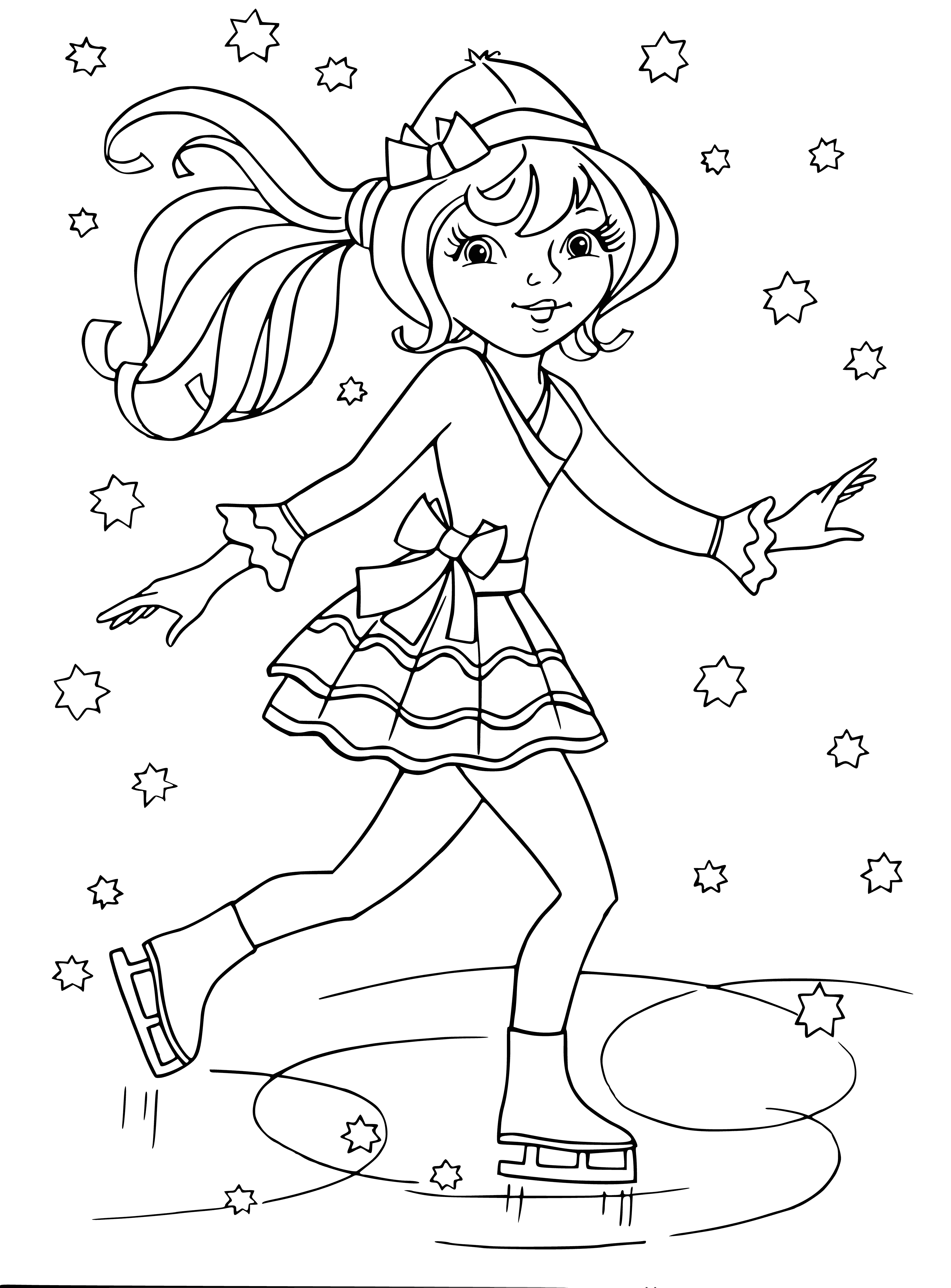 coloring page: Figure skater, wearing sleeveless white dress with silver accents, white boots, hair in bun. Holding silver cape and standing on ice, arms out.